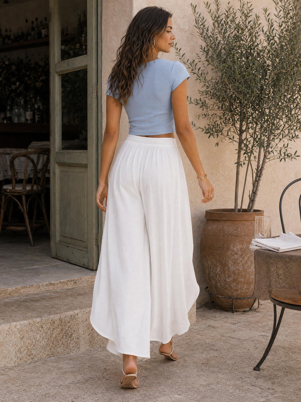 Cropped Top and Wide Leg Pants - White