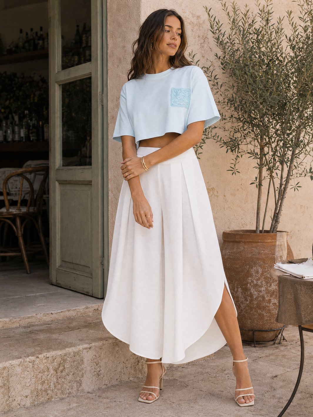 Cropped Top and Wide Leg Pants - White