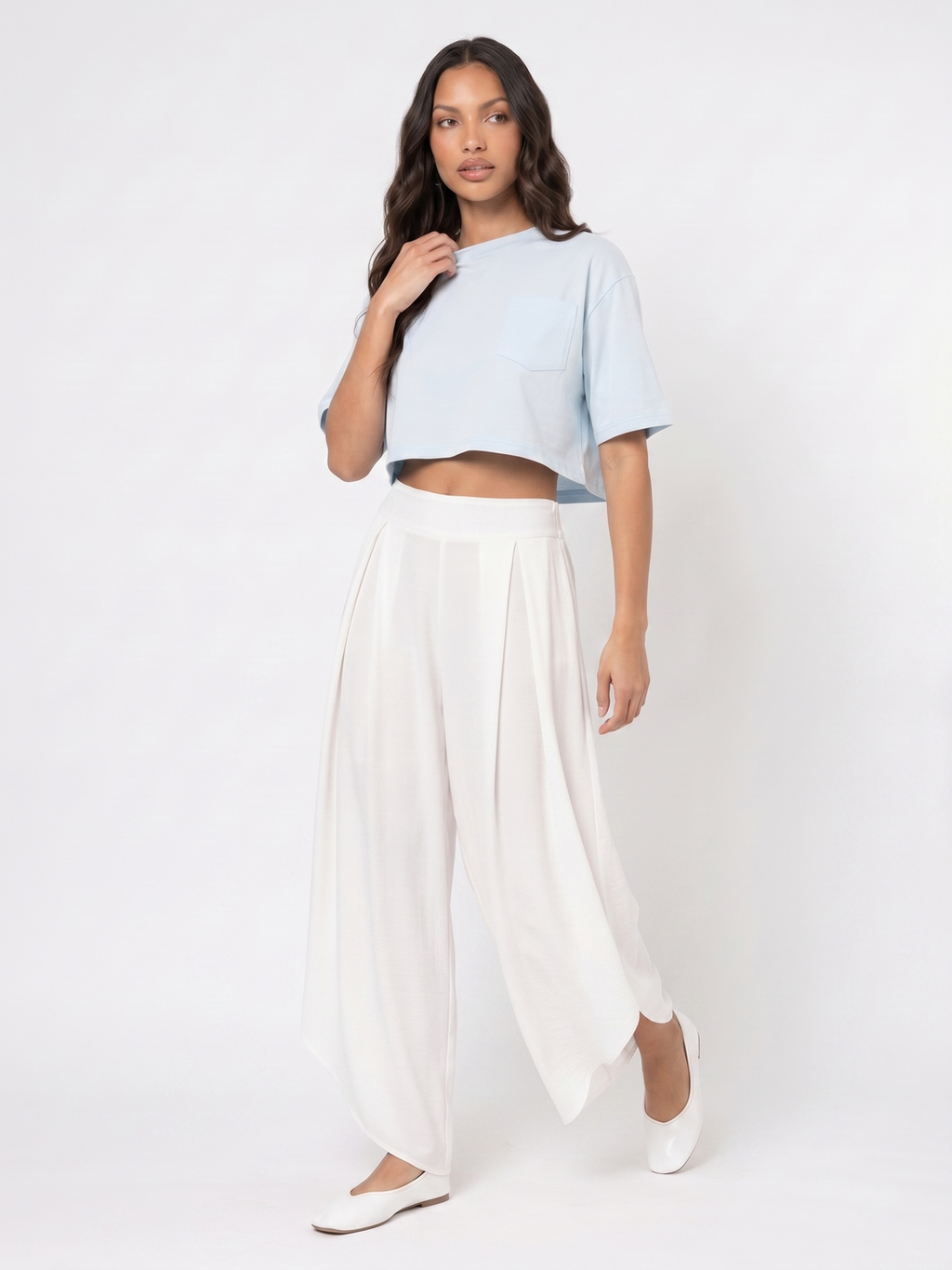 Cropped Top and Wide Leg Pants - White