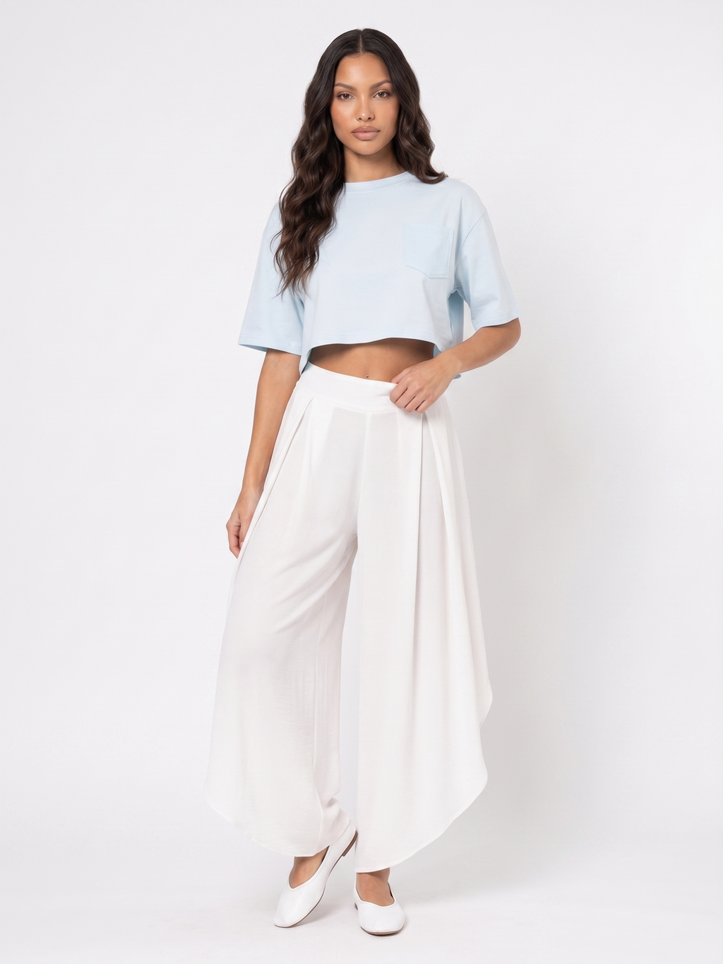 Cropped Top and Wide Leg Pants - White