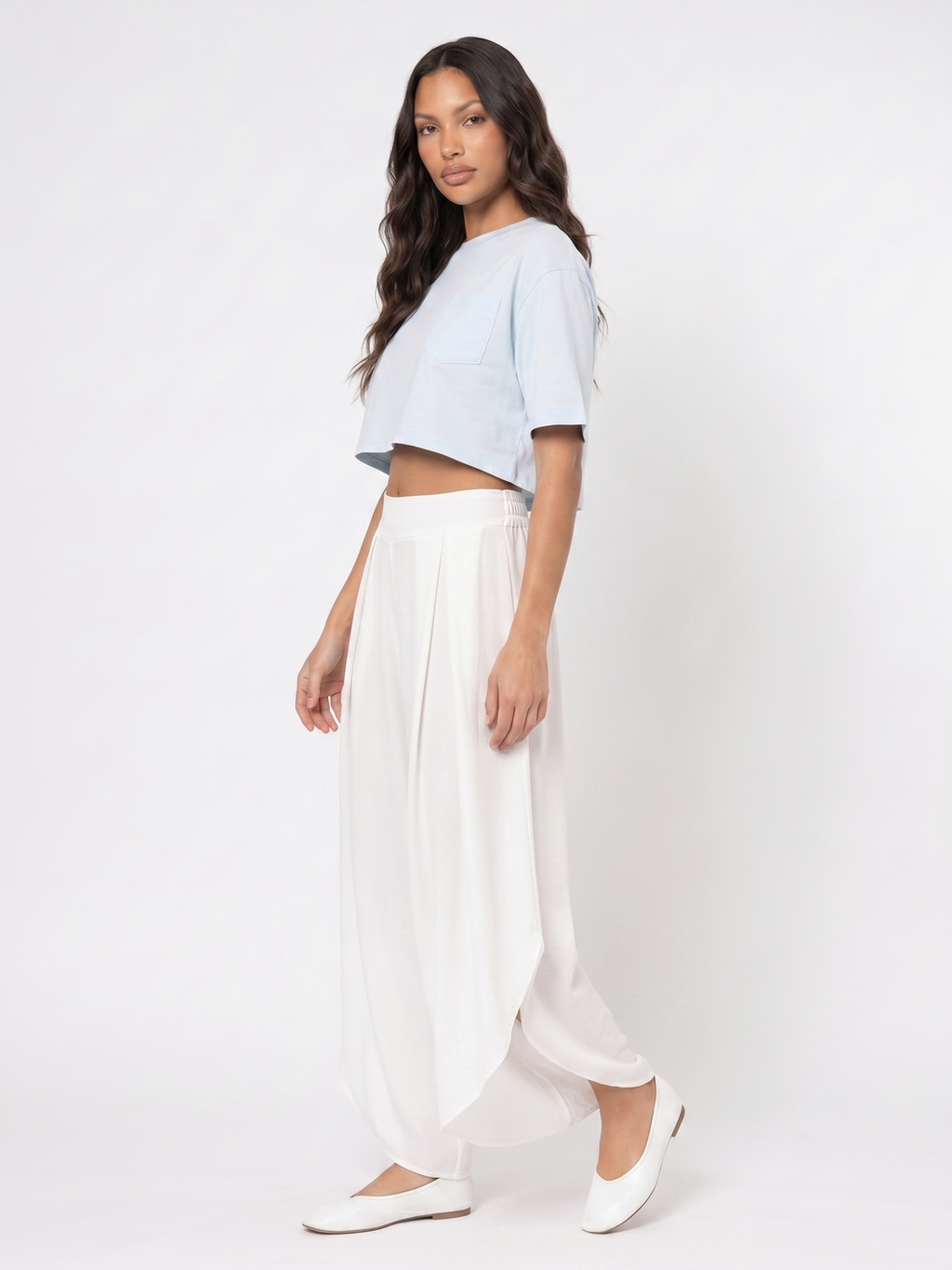 Cropped Top and Wide Leg Pants - White