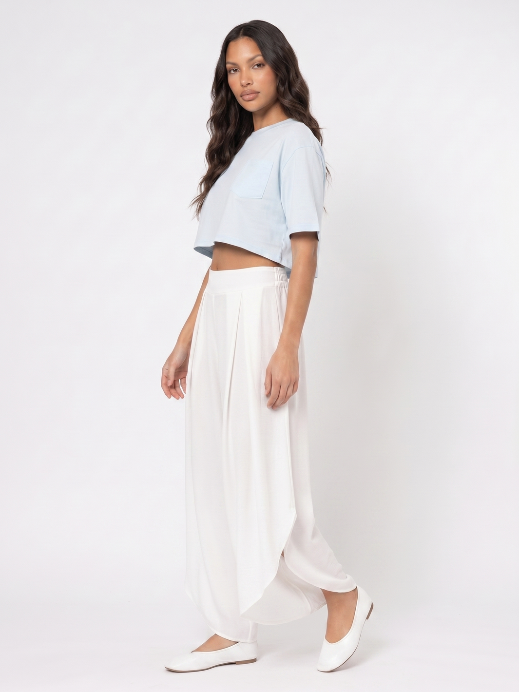 Cropped Top and Wide Leg Pants - White