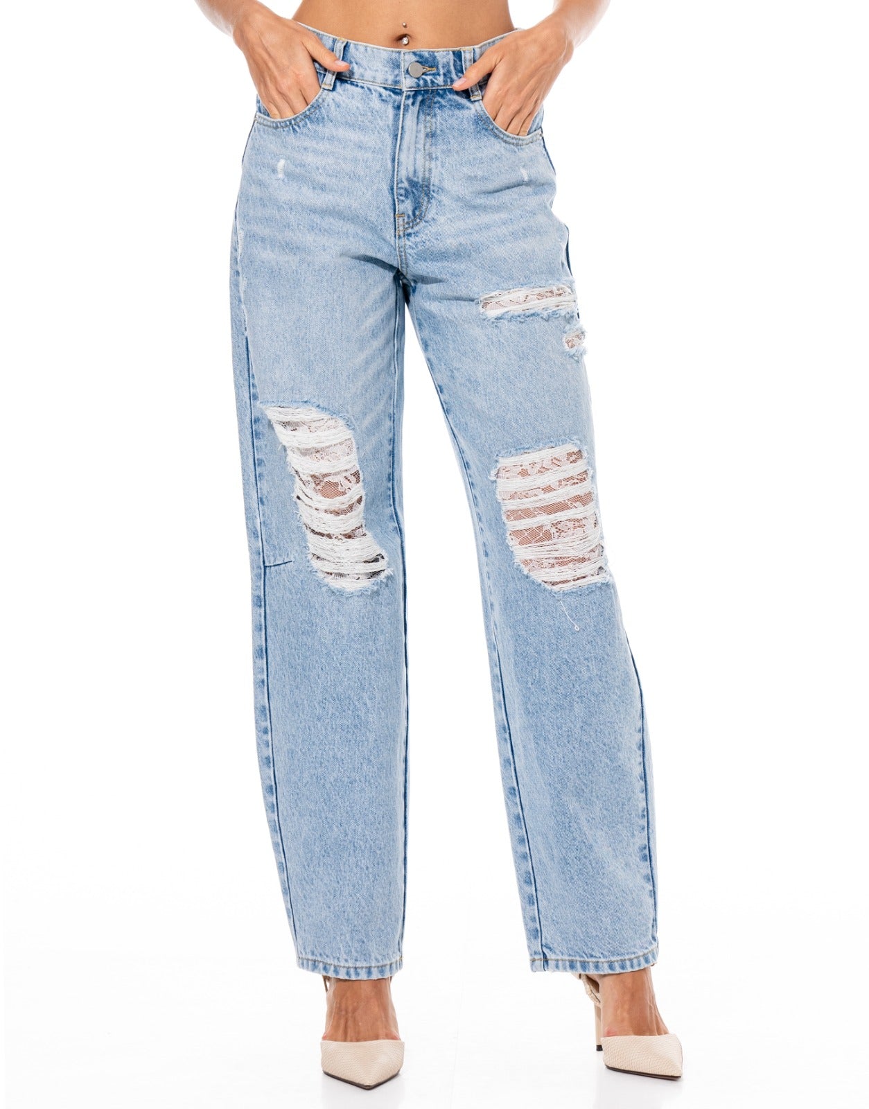Lace Panel Jeans - Denim