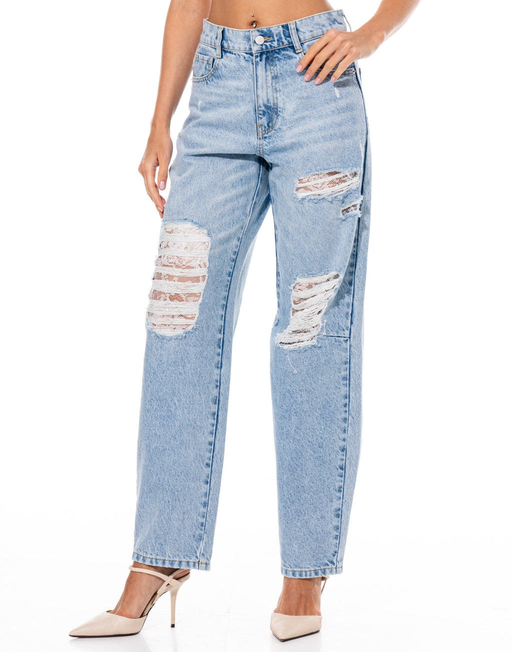 Lace Panel Jeans - Denim
