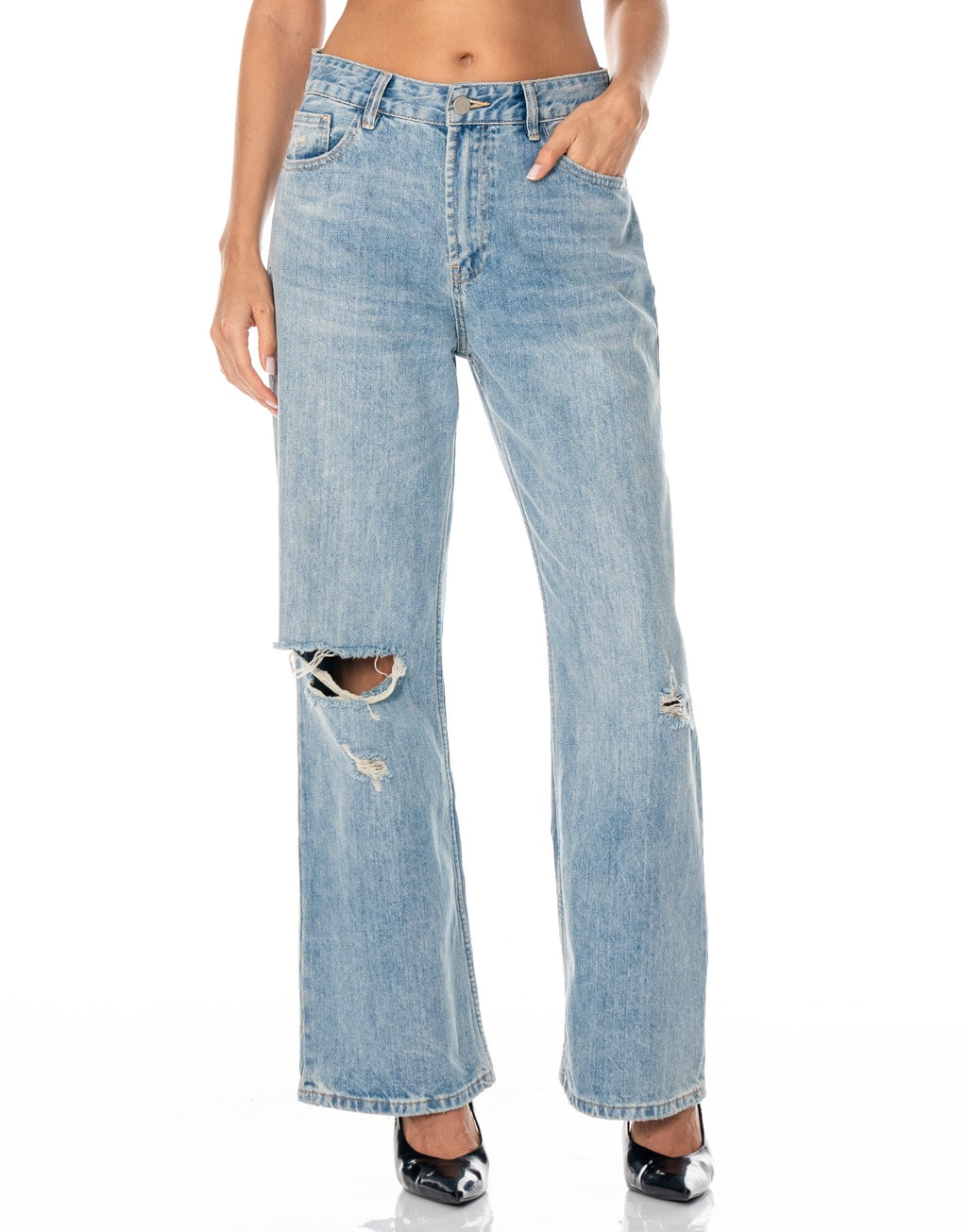 Distressed Straight Leg Jeans - Denim
