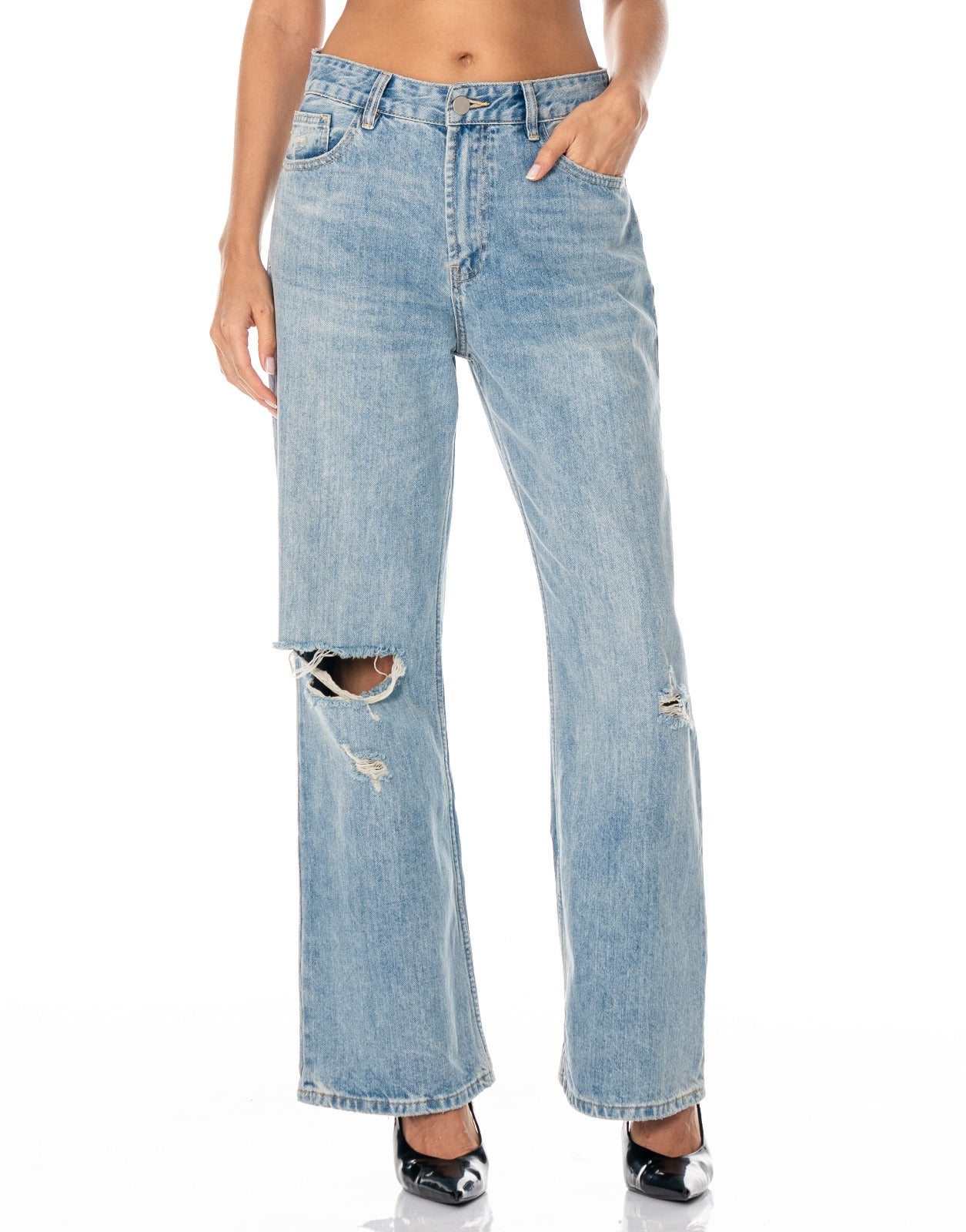 Distressed Straight Leg Jeans - Denim