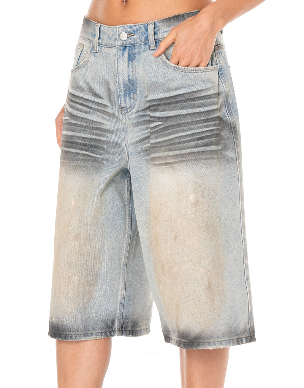 Distressed Denim Bermuda Shorts - Denim