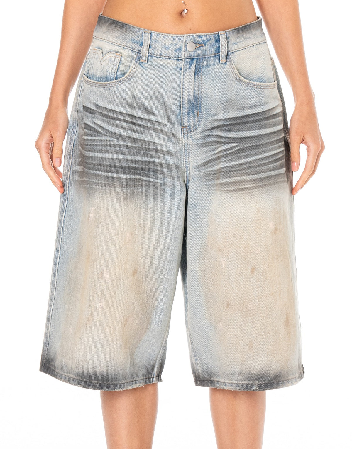 Distressed Denim Bermuda Shorts - Denim