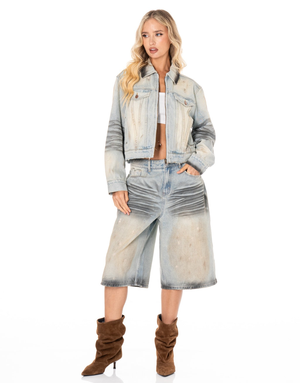 Distressed Denim Bermuda Shorts - Denim