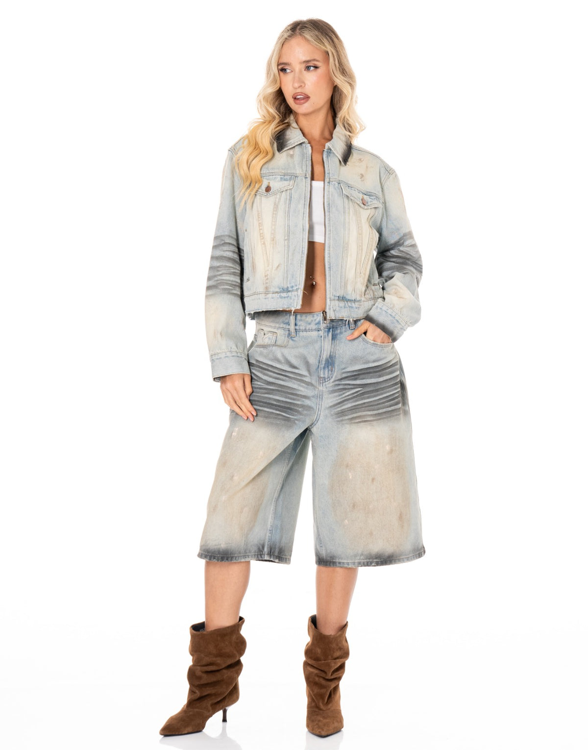 Distressed Denim Bermuda Shorts - Denim