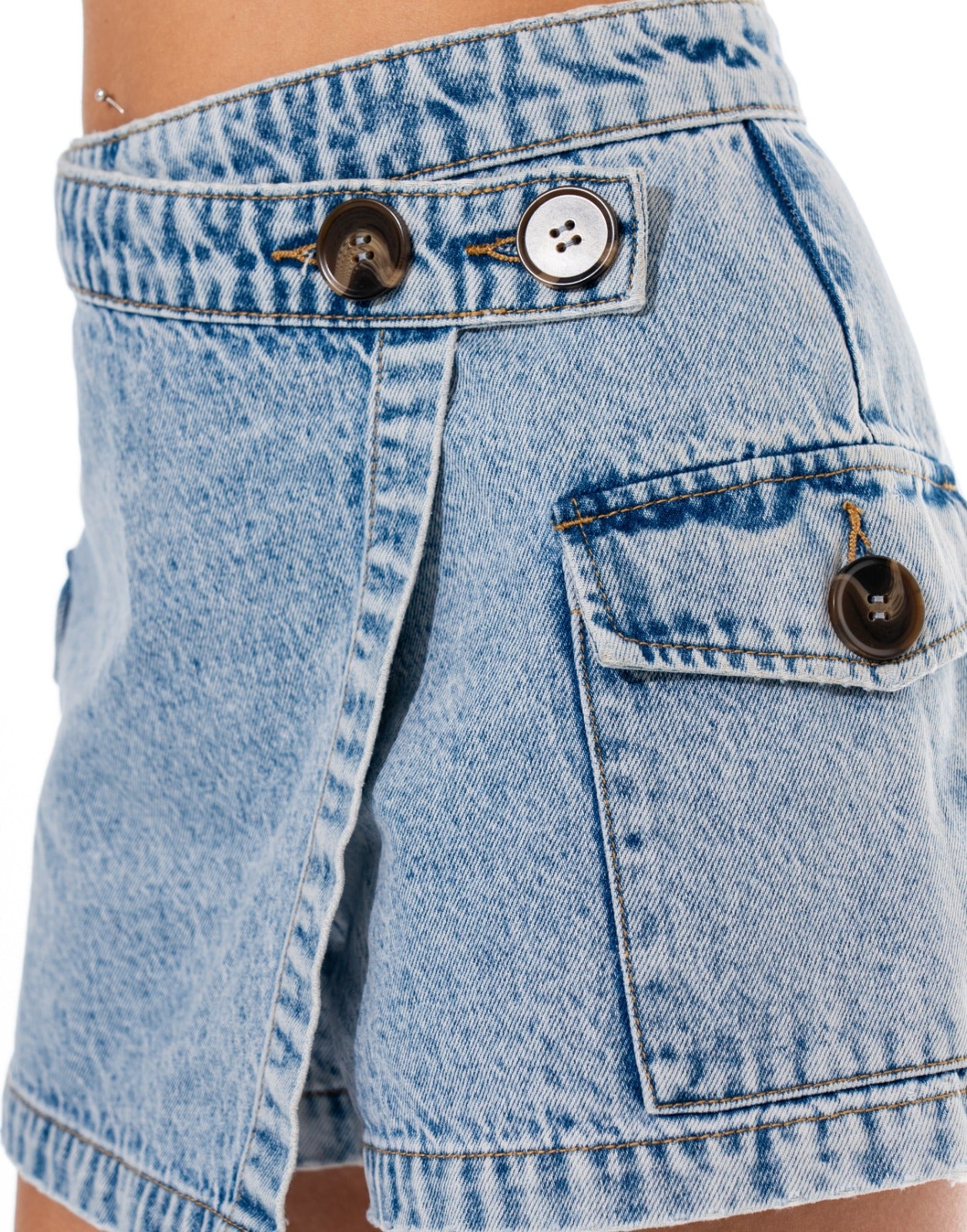 Denim Wrap Skort Shorts - Denim