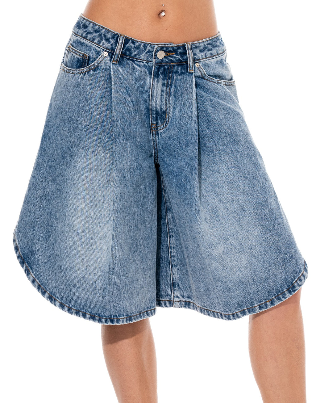 Wide Leg Denim Shorts - Denim
