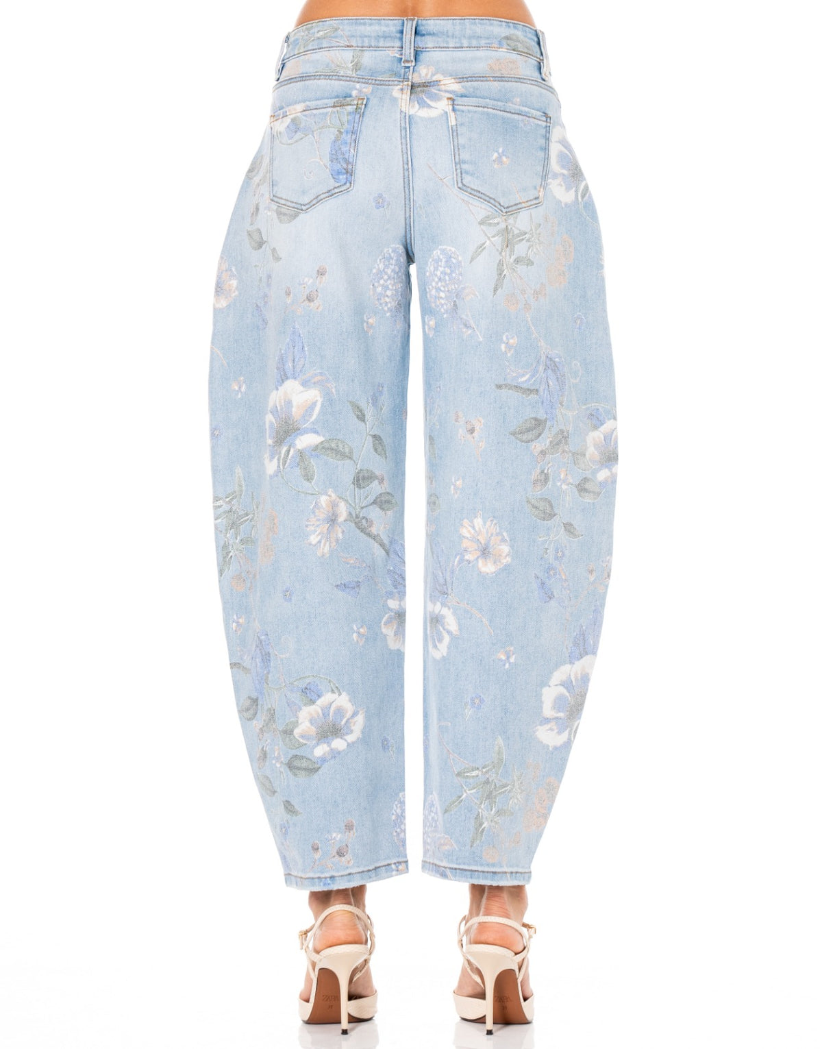 Floral Print Balloon Jeans - Denim