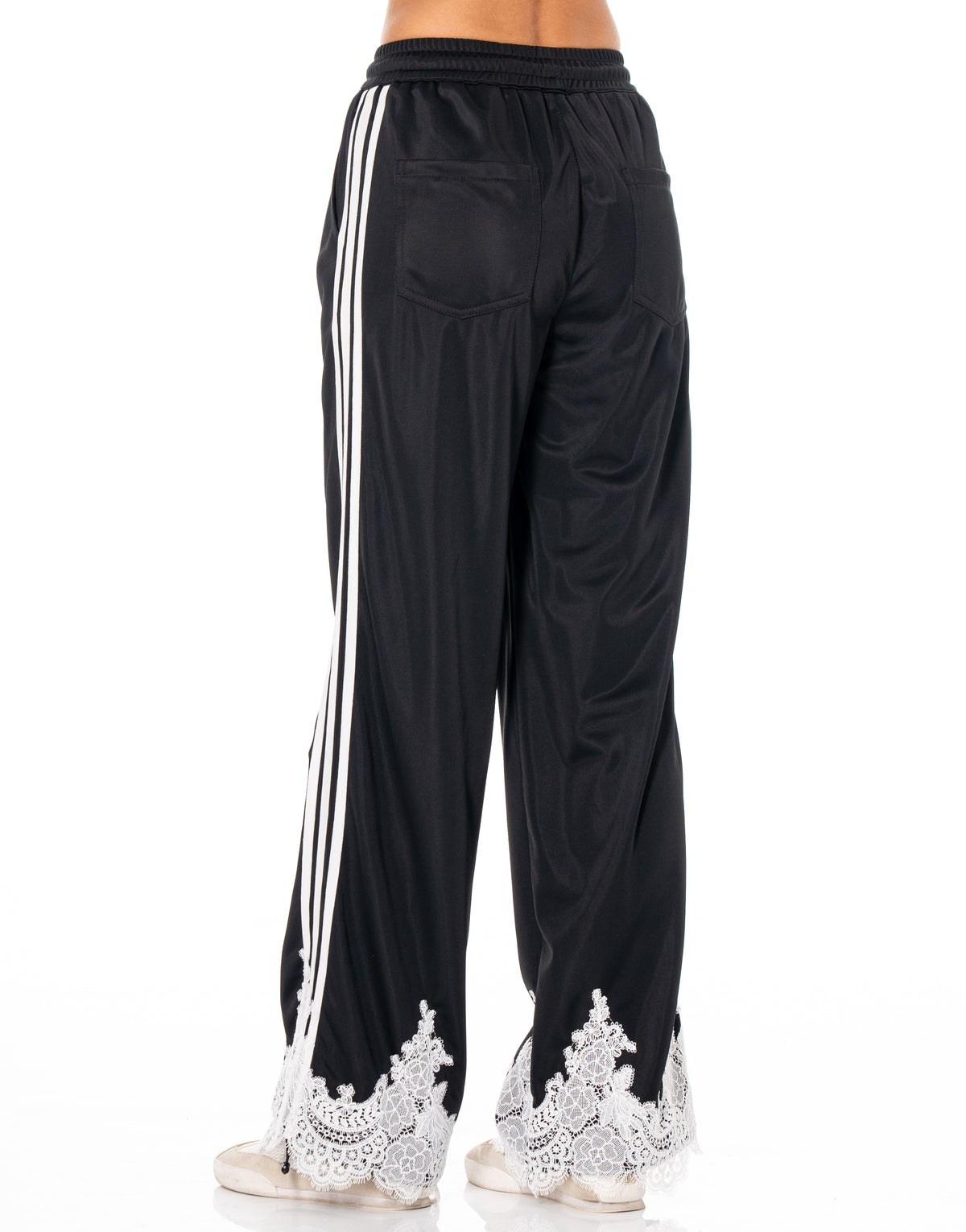Lace Hem Side Stripe Track Pants - Black