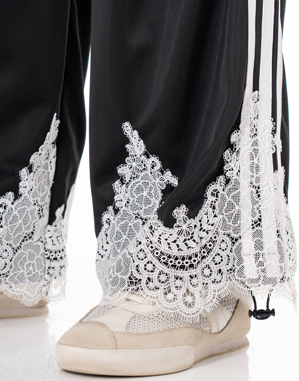 Lace Hem Side Stripe Track Pants - Black