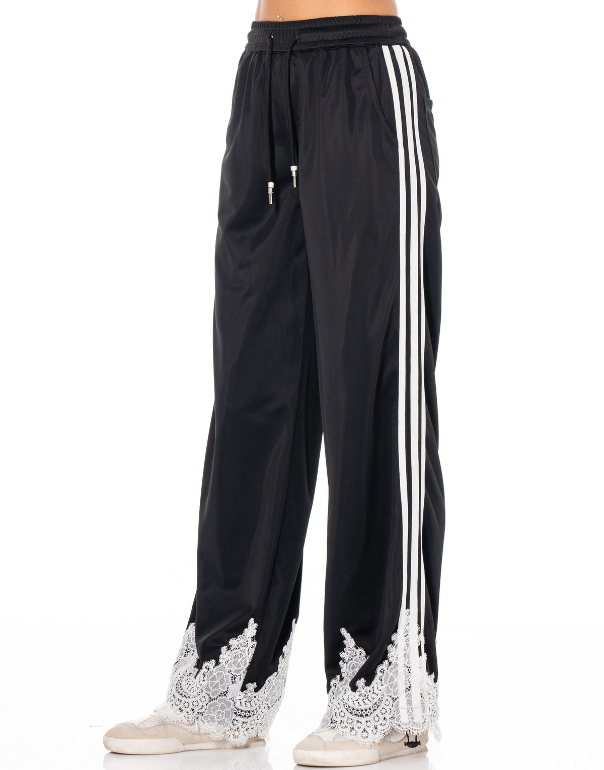 Lace Hem Side Stripe Track Pants - Black
