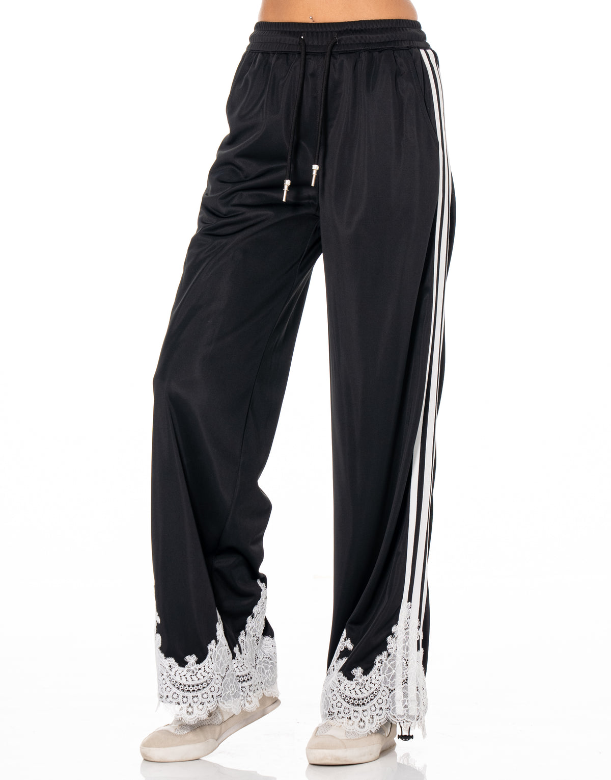 Lace Hem Side Stripe Track Pants - Black