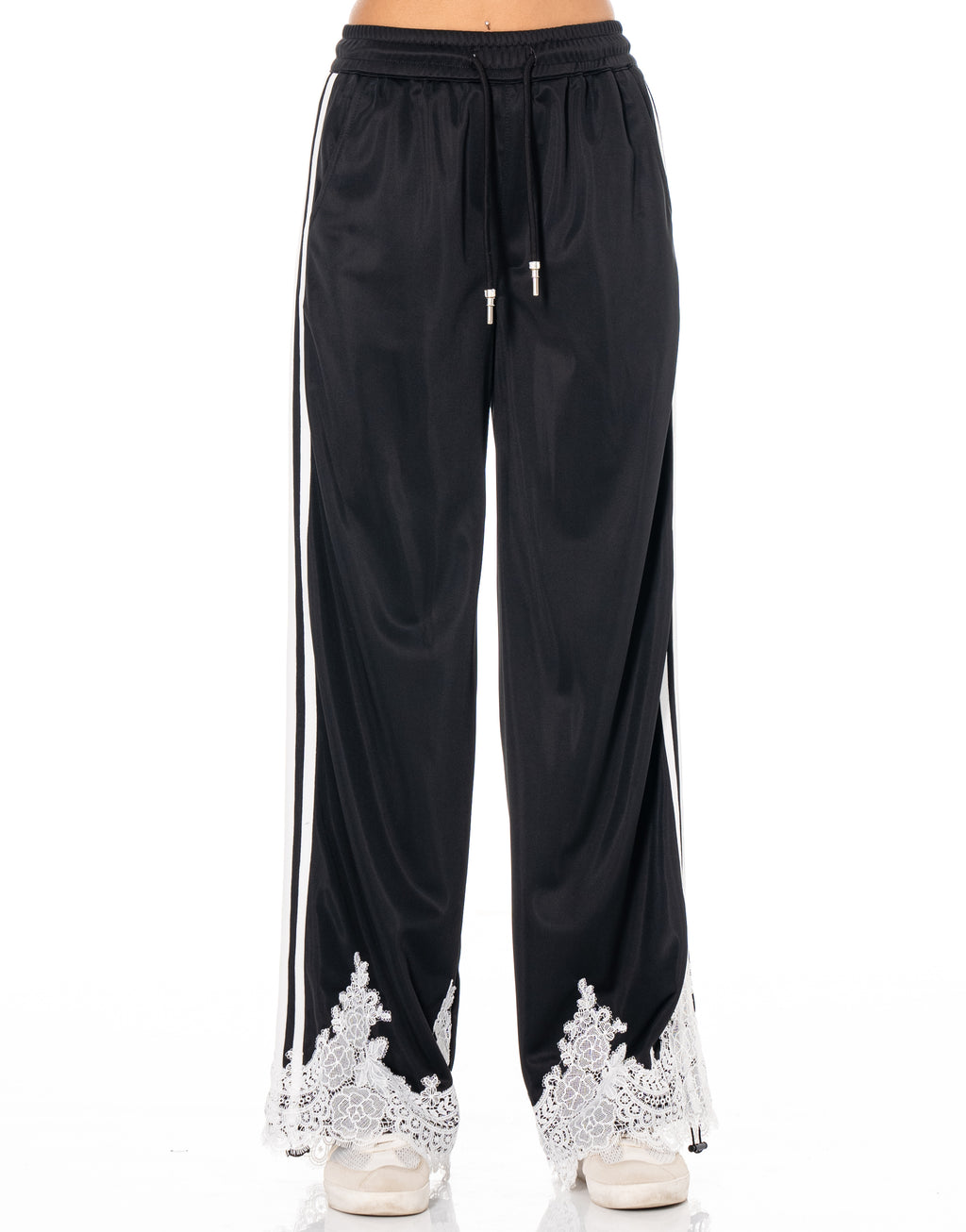 Lace Hem Side Stripe Track Pants - Black