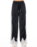 Lace Hem Side Stripe Track Pants - Black