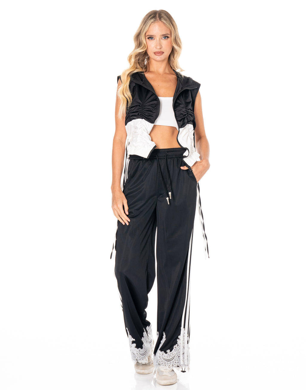 Lace Hem Side Stripe Track Pants - Black