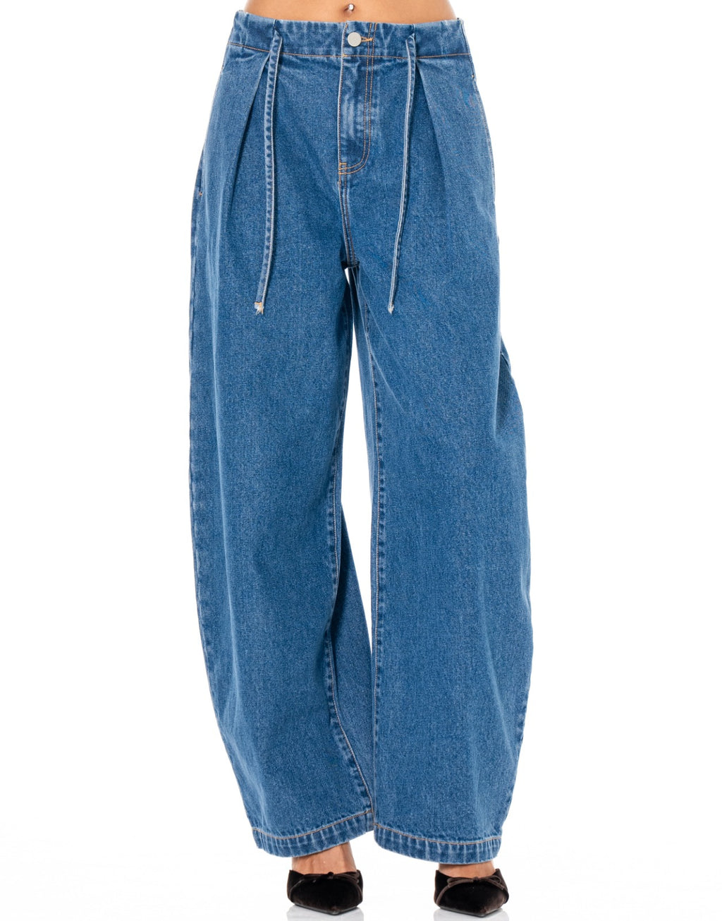 Pleated Barrel Leg Jeans - Denim
