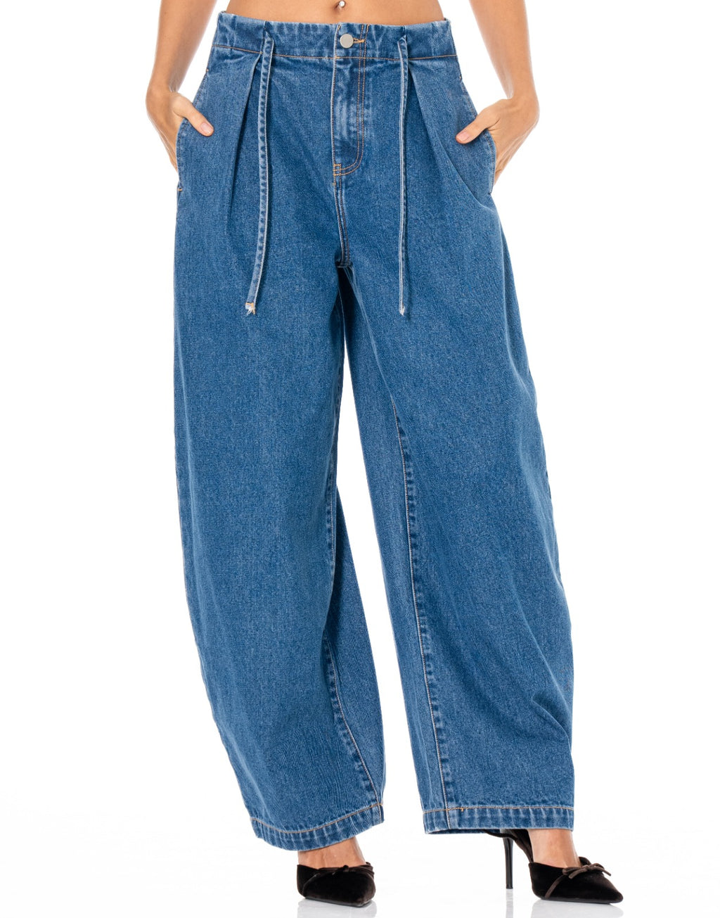 Pleated Barrel Leg Jeans - Denim