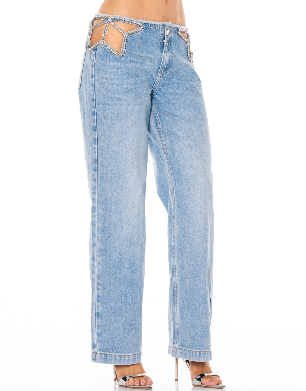 Rhinestone Cutout Wide Leg Jeans - Denim