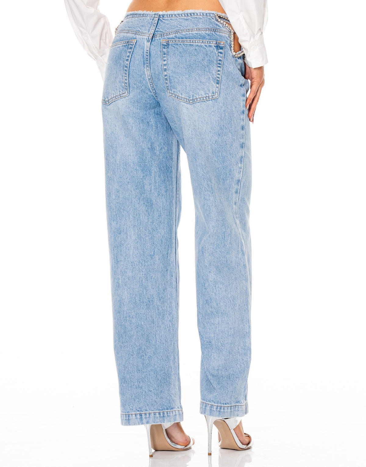 Rhinestone Cutout Wide Leg Jeans - Denim
