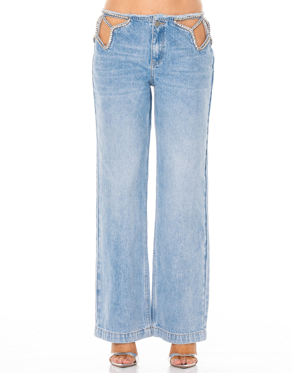 Rhinestone Cutout Wide Leg Jeans - Denim