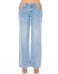 Rhinestone Cutout Wide Leg Jeans - Denim