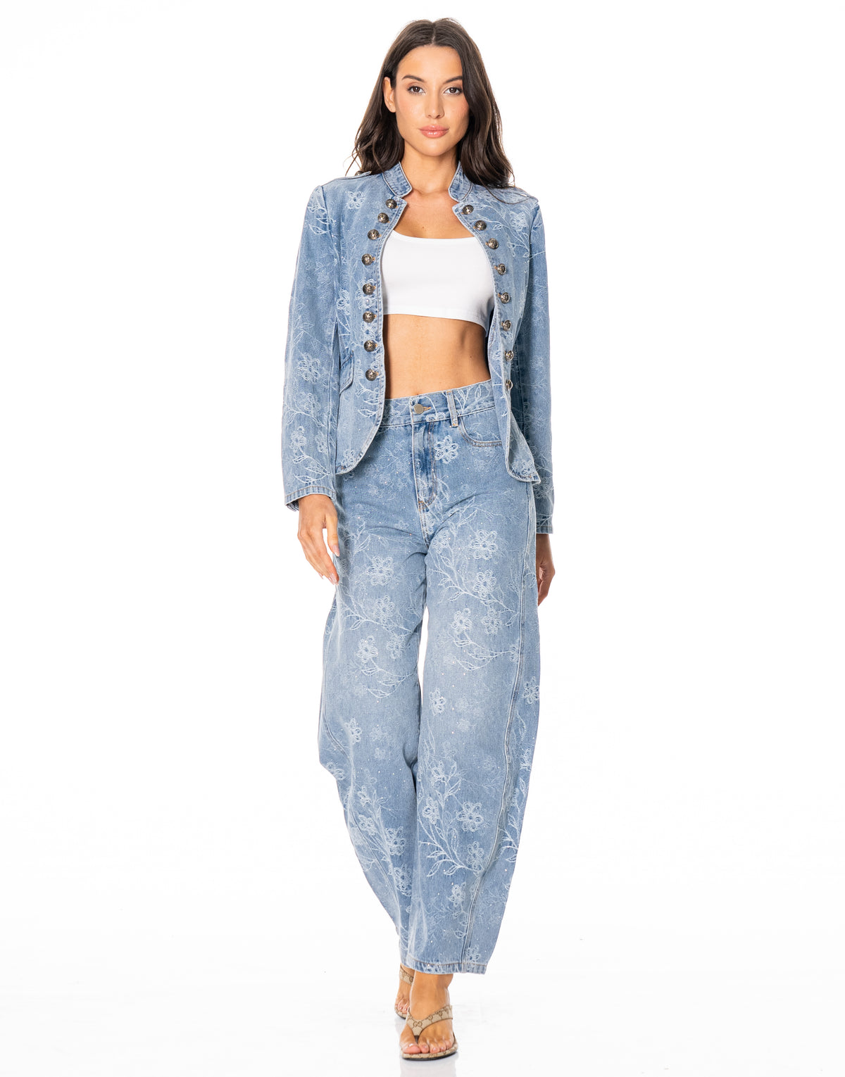 Floral Embossed Barrel Leg Jeans - Denim