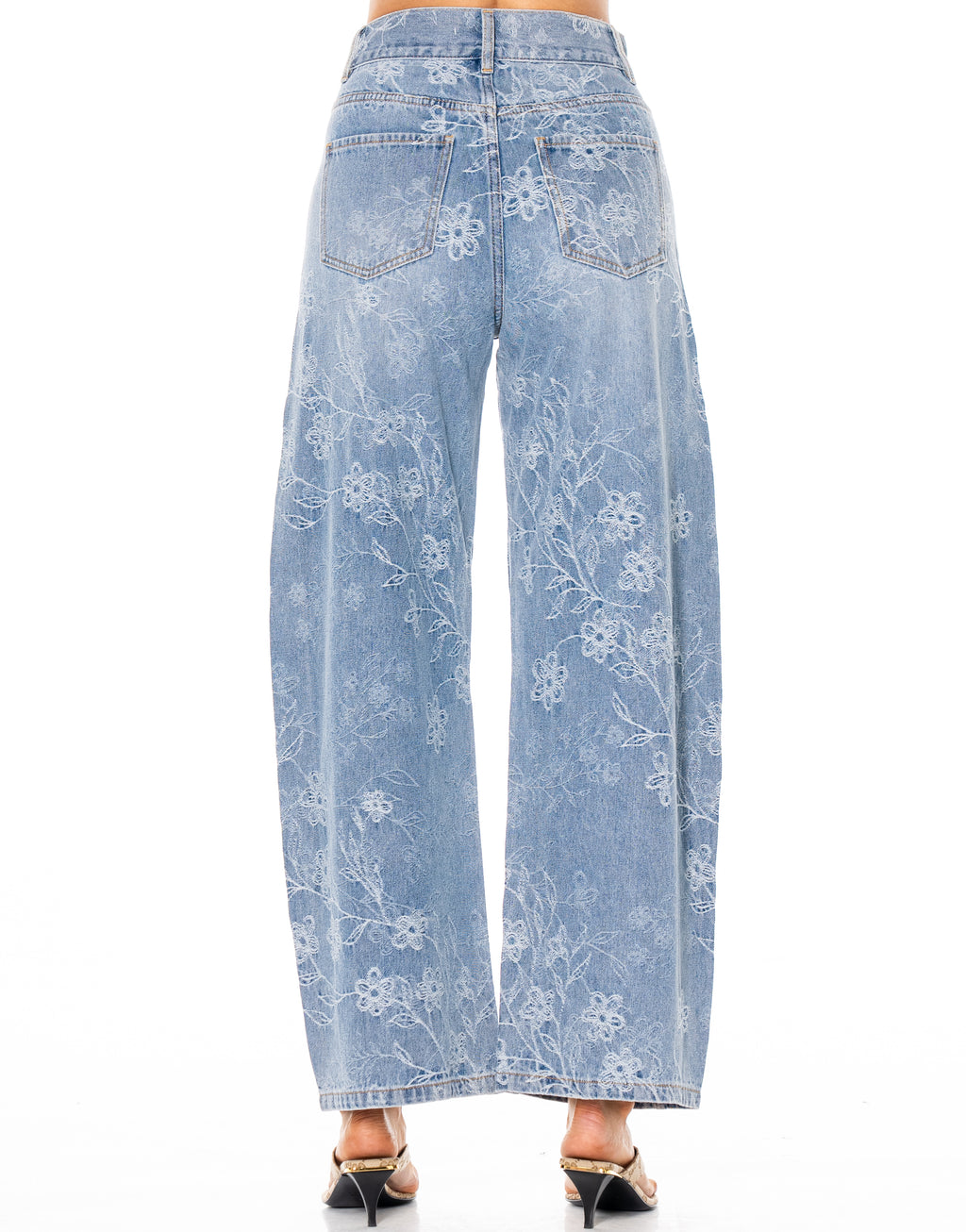 Floral Embossed Barrel Leg Jeans - Denim