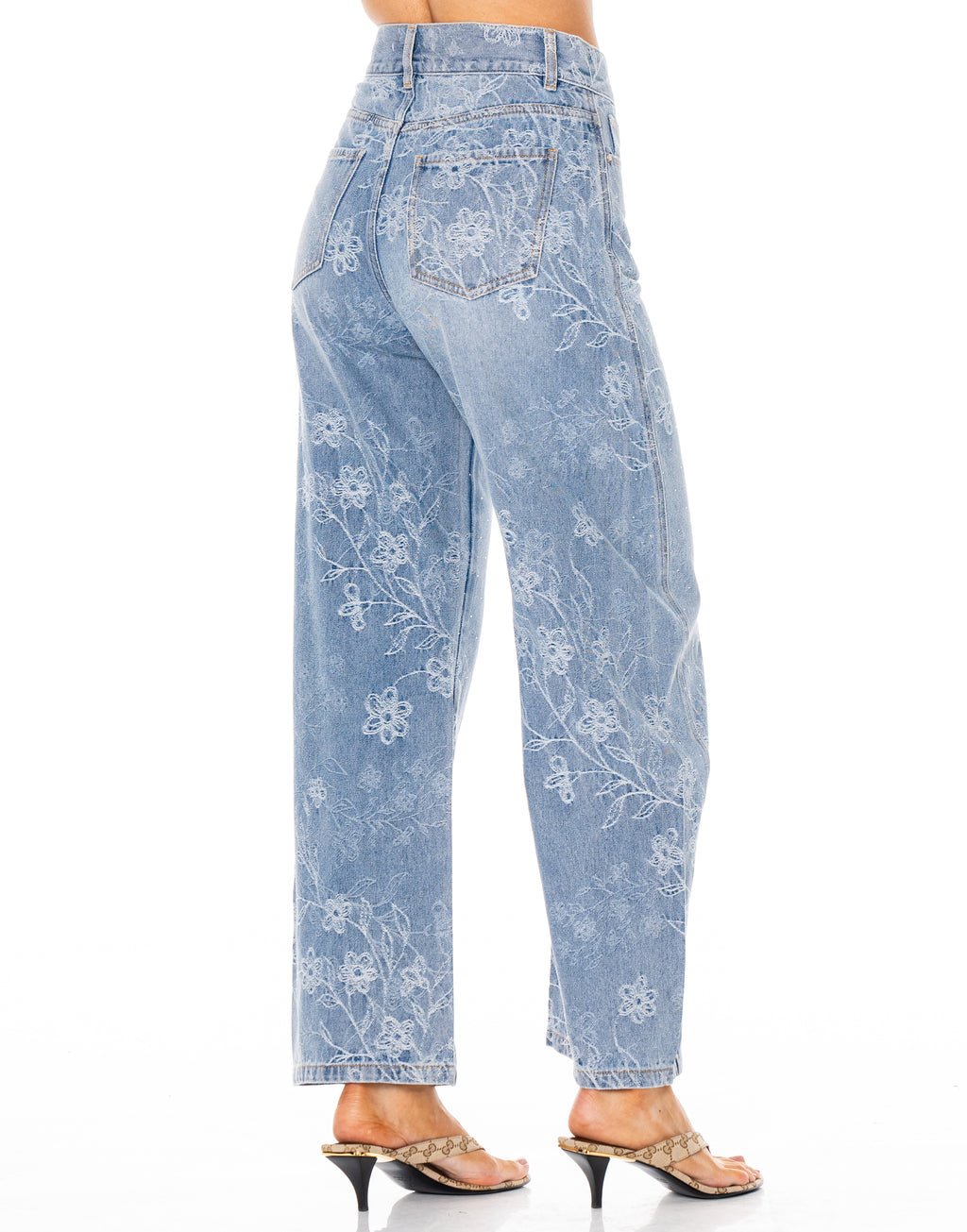 Floral Embossed Barrel Leg Jeans - Denim