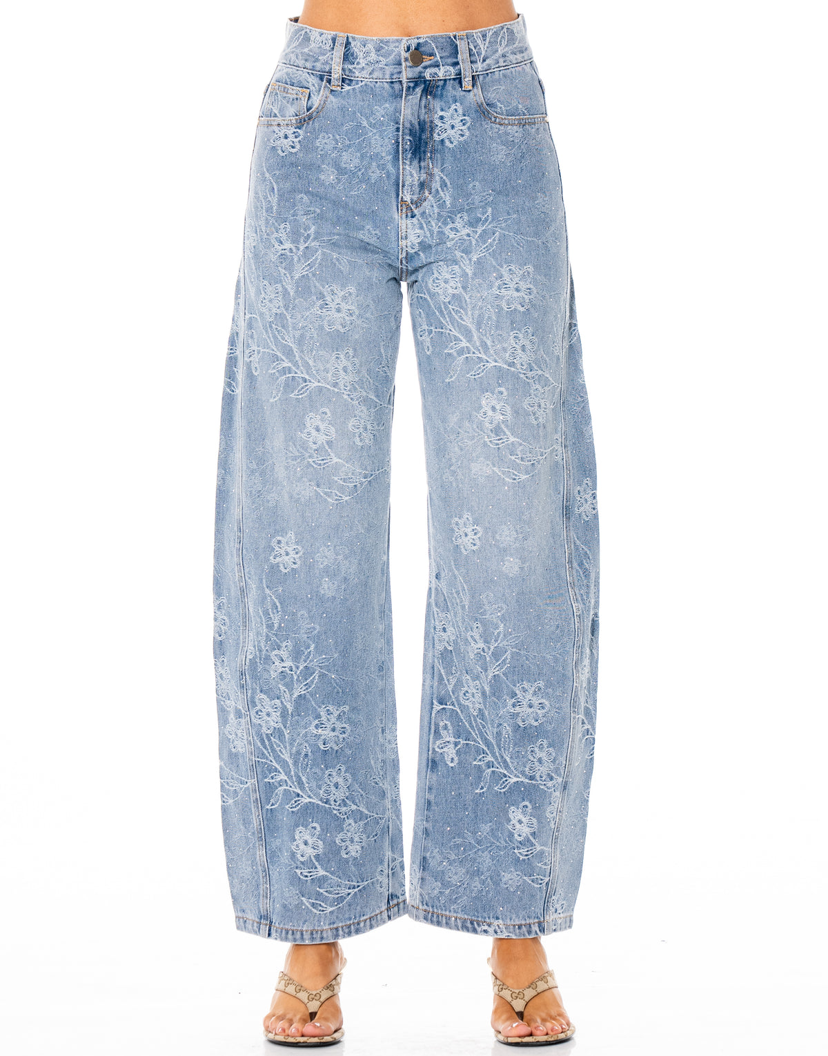 Floral Embossed Barrel Leg Jeans - Denim