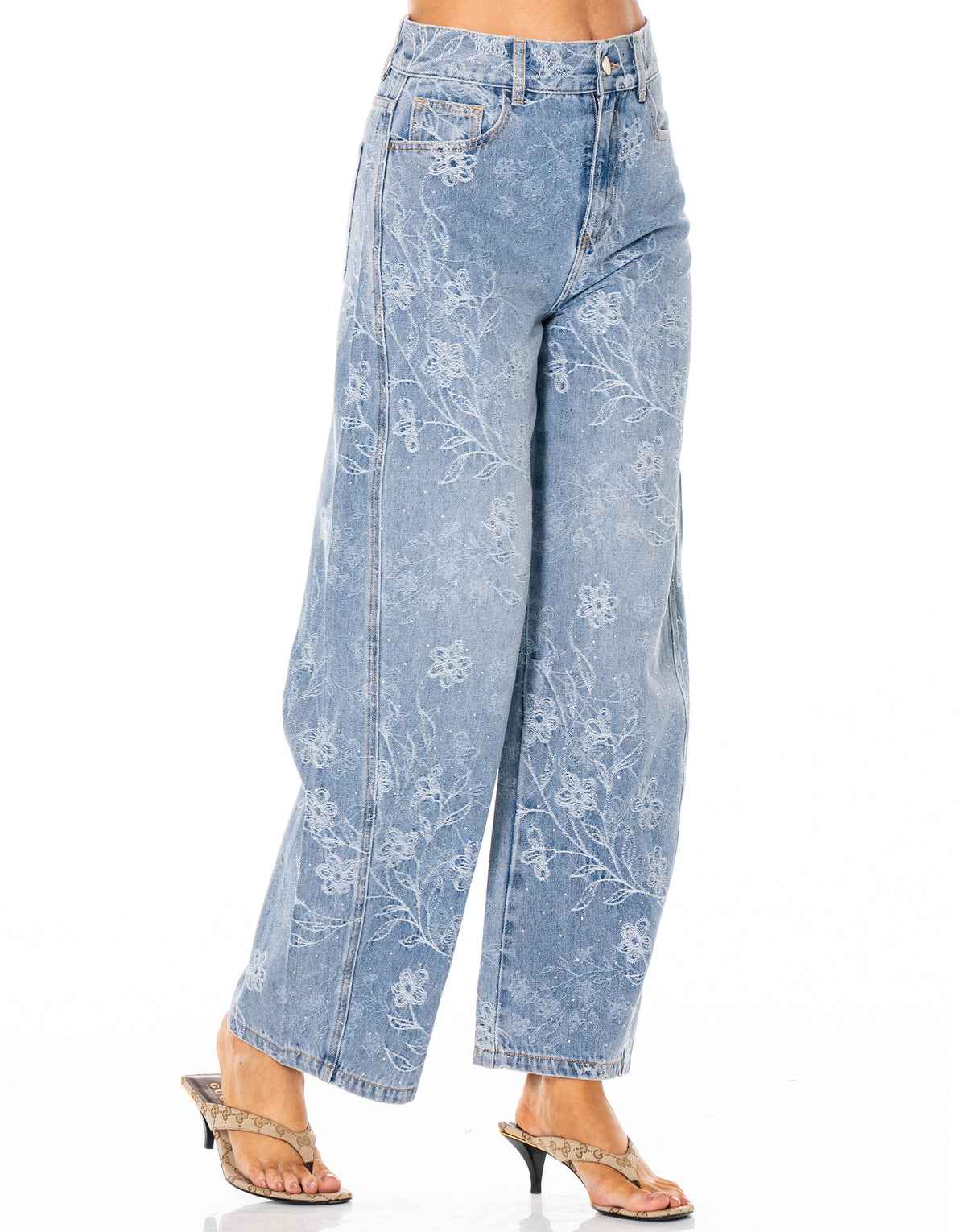 Floral Embossed Barrel Leg Jeans - Denim