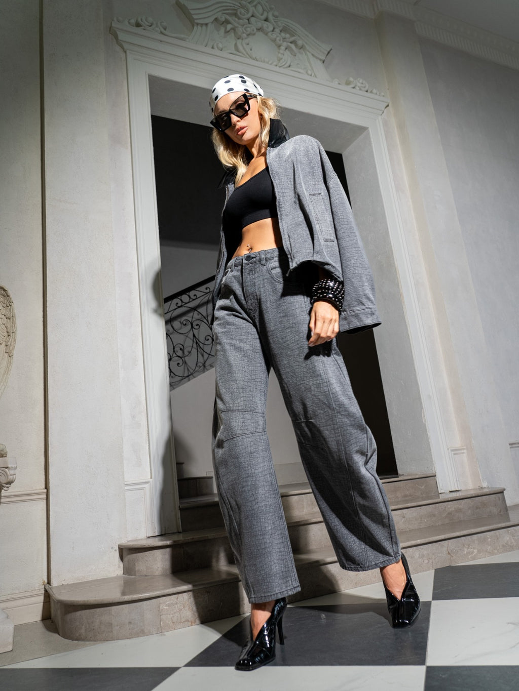 Croc Textured Barrel Leg Jeans - Grey