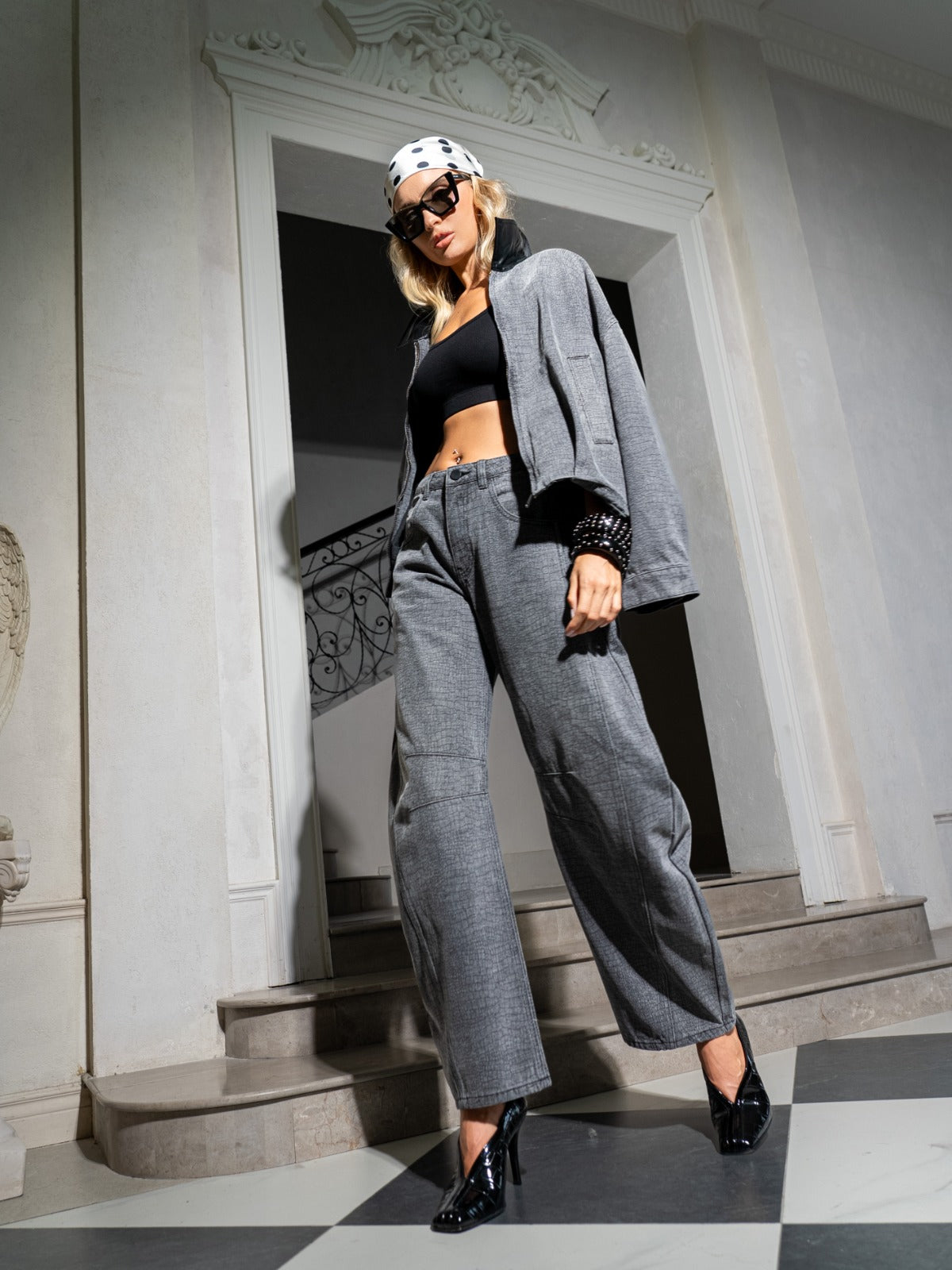 Croc Textured Barrel Leg Jeans - Grey