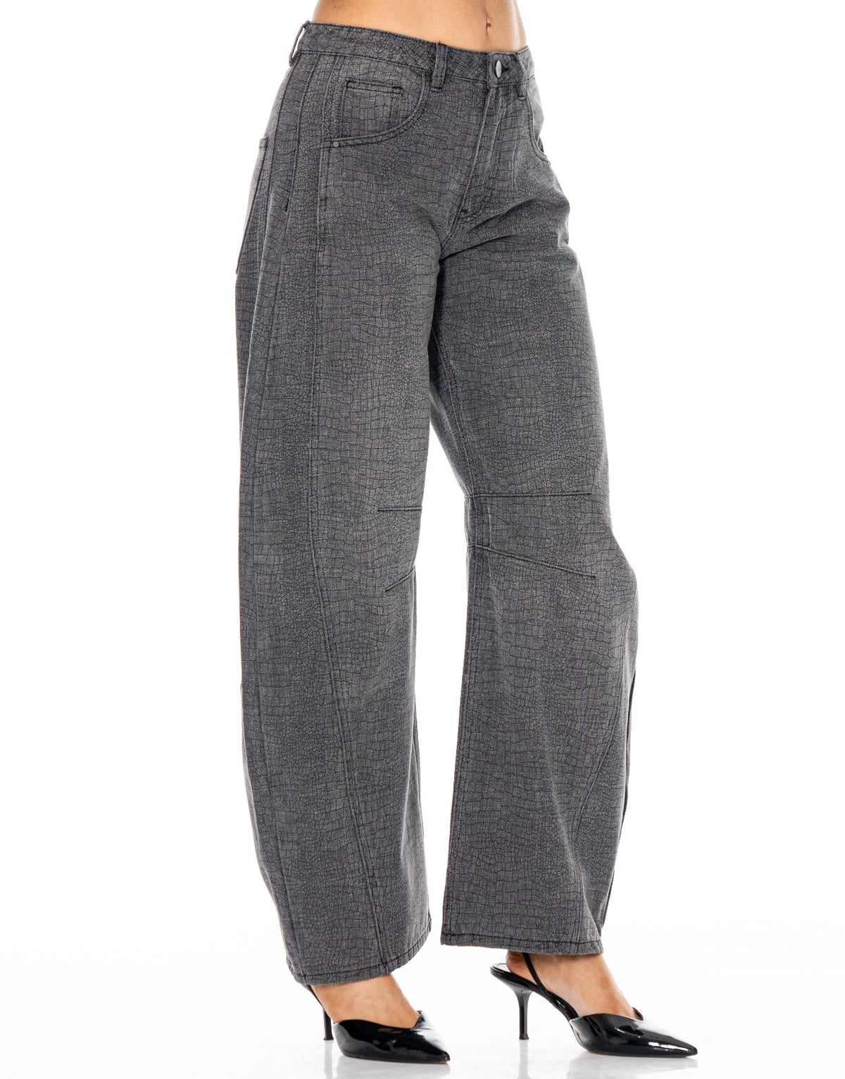 Croc Textured Barrel Leg Jeans - Grey