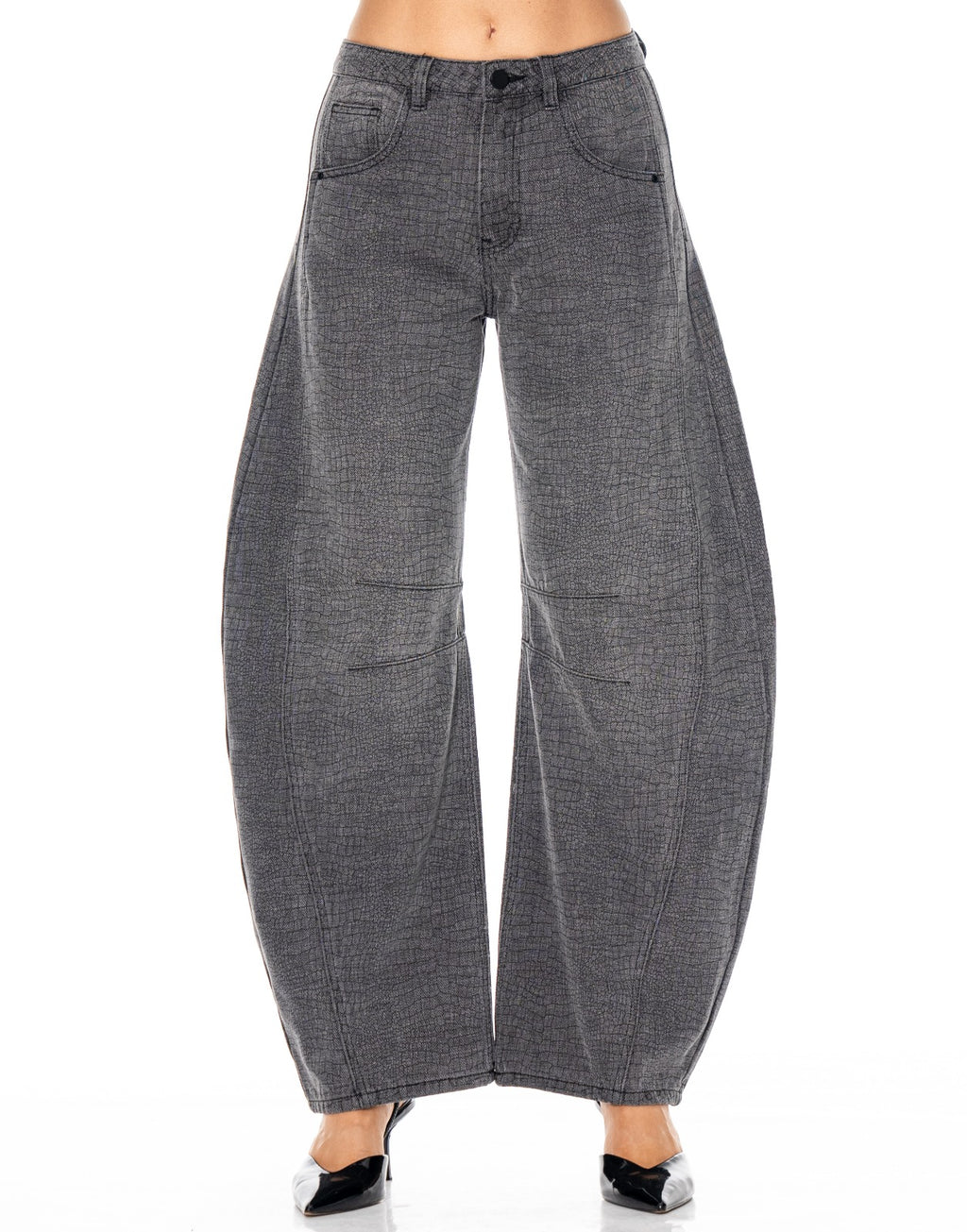 Croc Textured Barrel Leg Jeans - Grey
