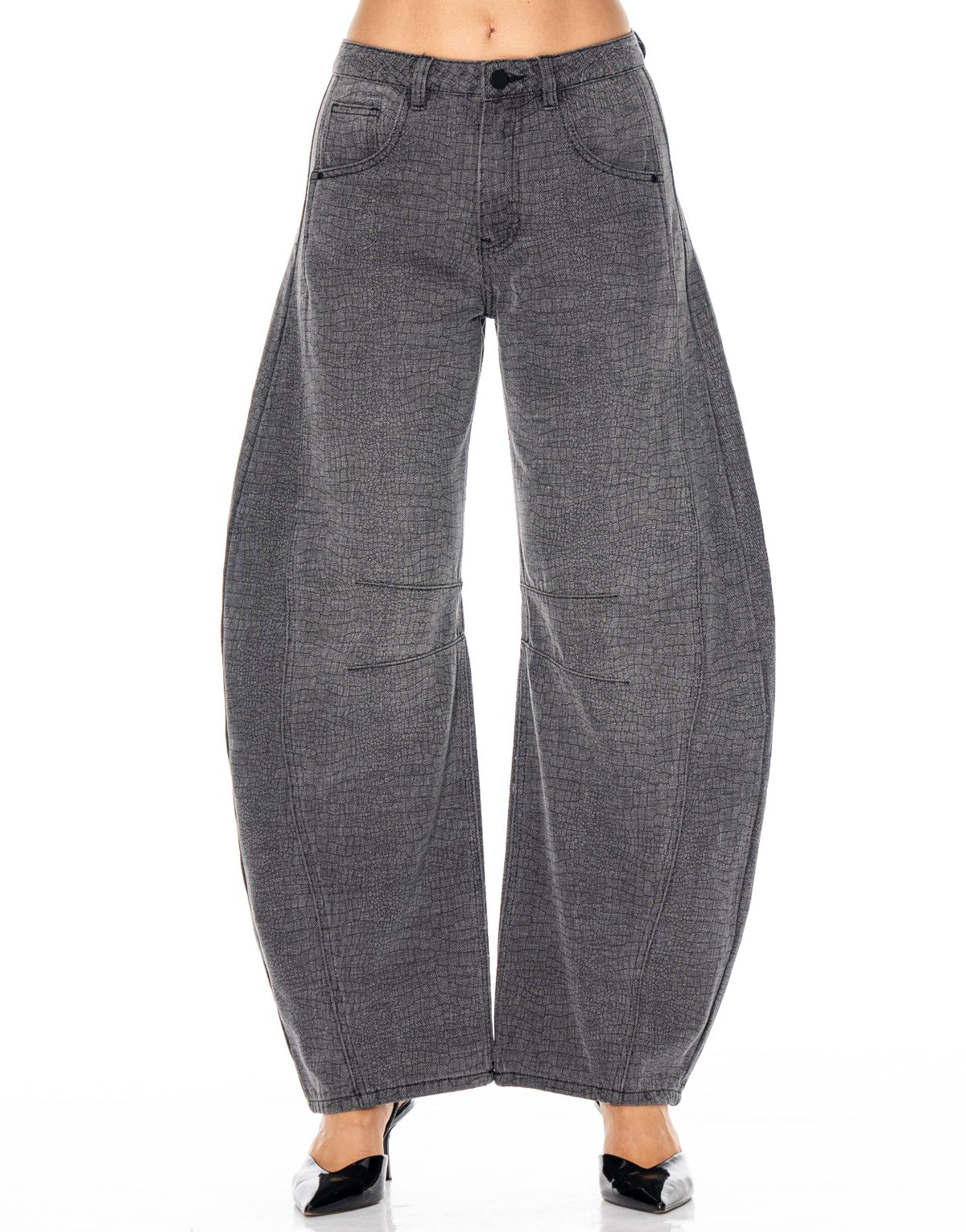 Croc Textured Barrel Leg Jeans - Grey
