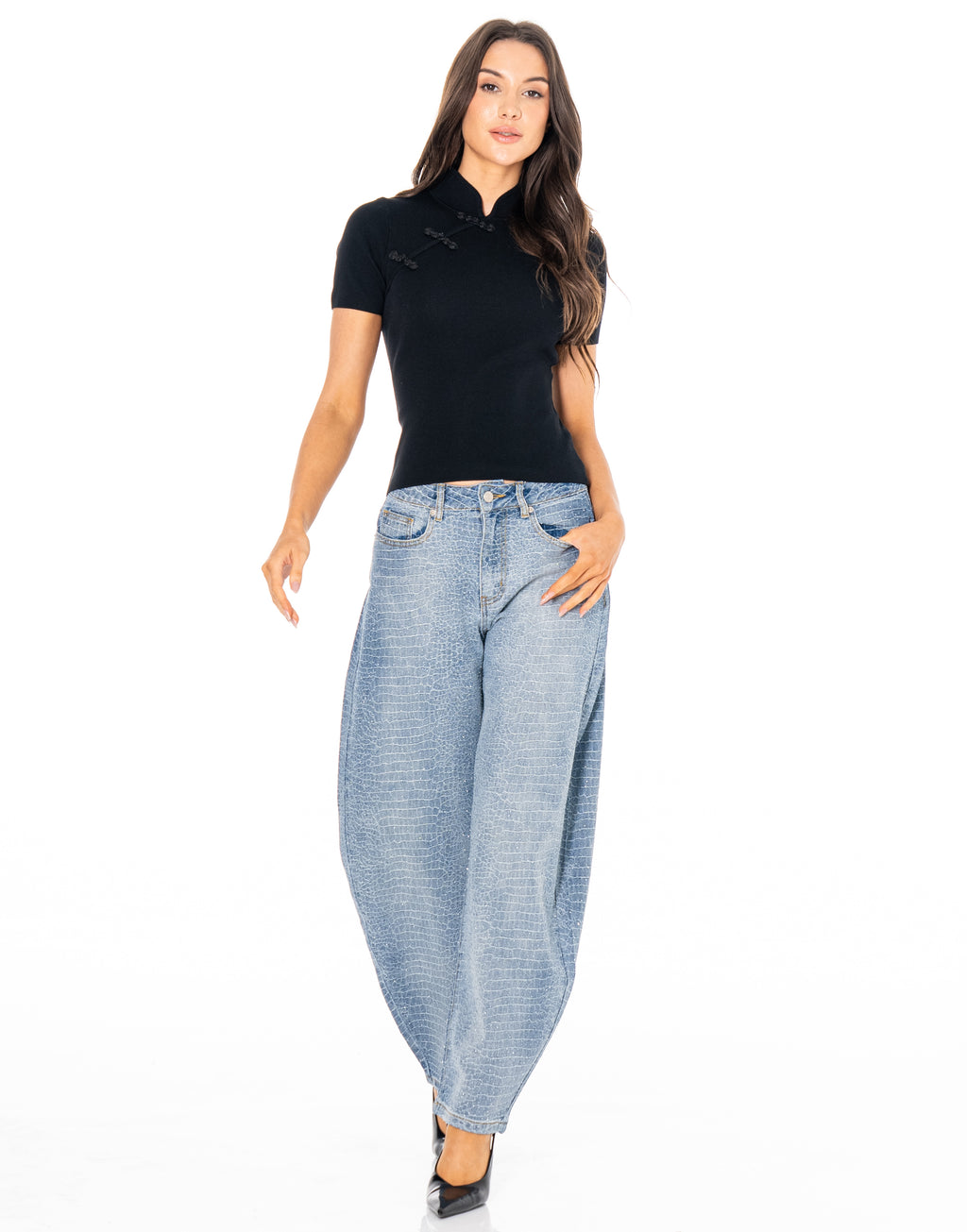 Croc Embossed Rhinestone Barrel Leg Jeans - Denim