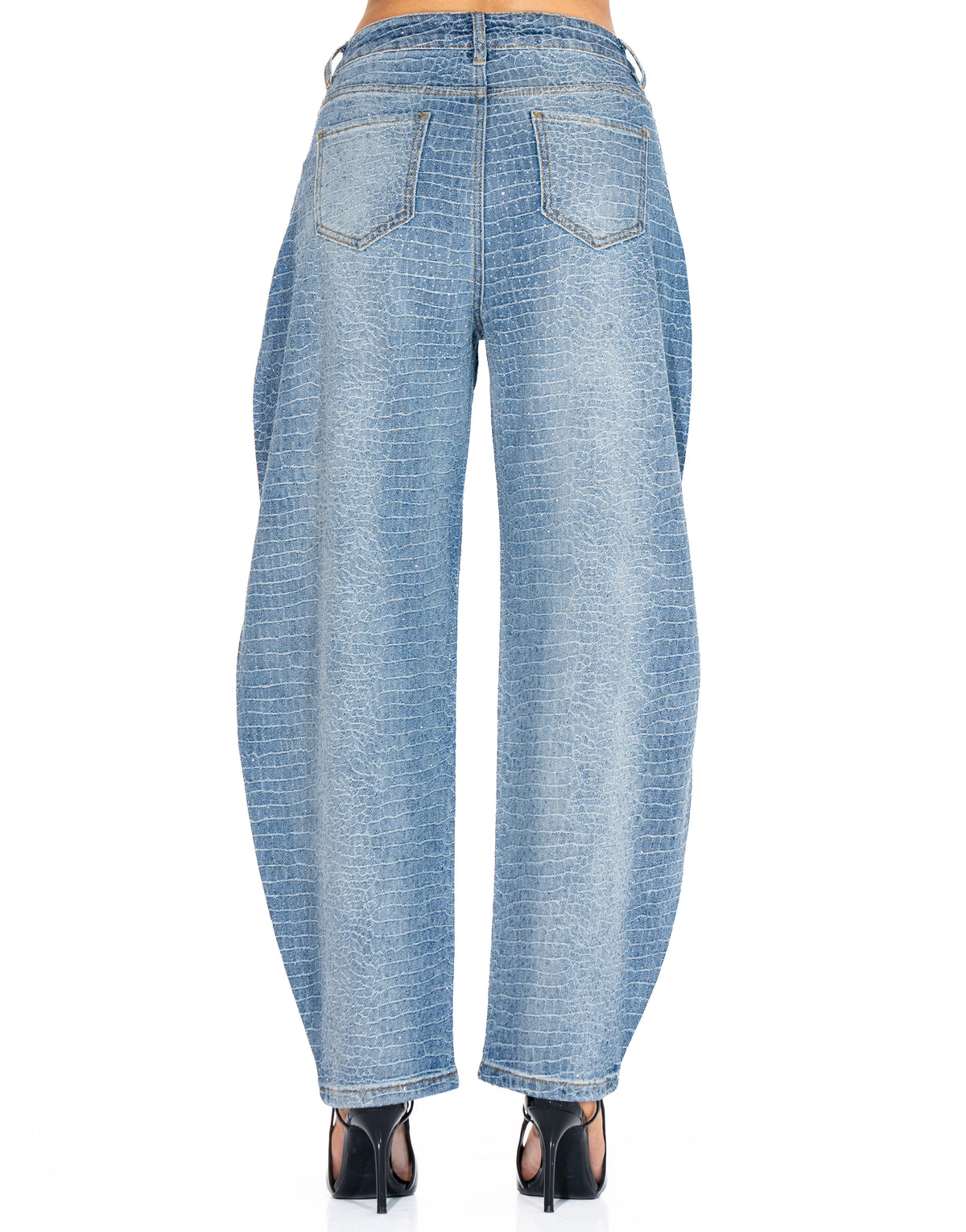 Croc Embossed Rhinestone Barrel Leg Jeans - Denim