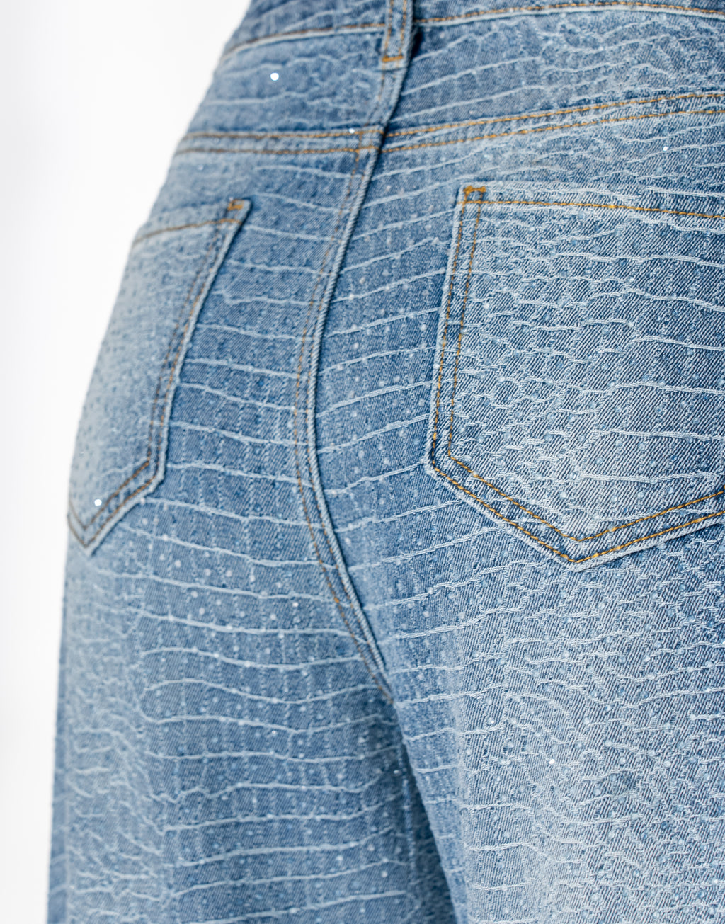 Croc Embossed Rhinestone Barrel Leg Jeans - Denim