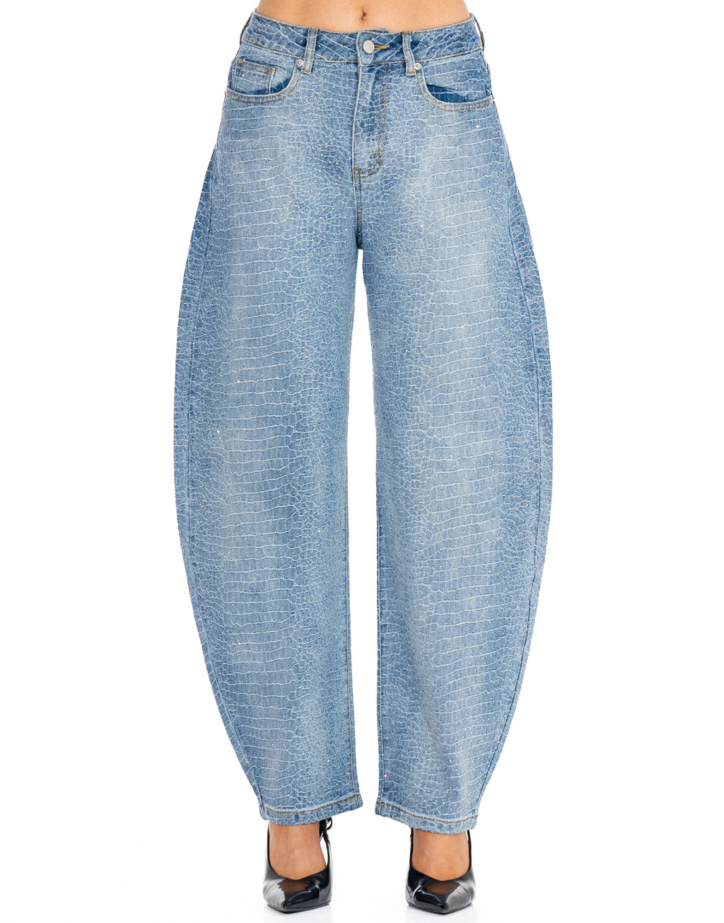 Croc Embossed Rhinestone Barrel Leg Jeans - Denim