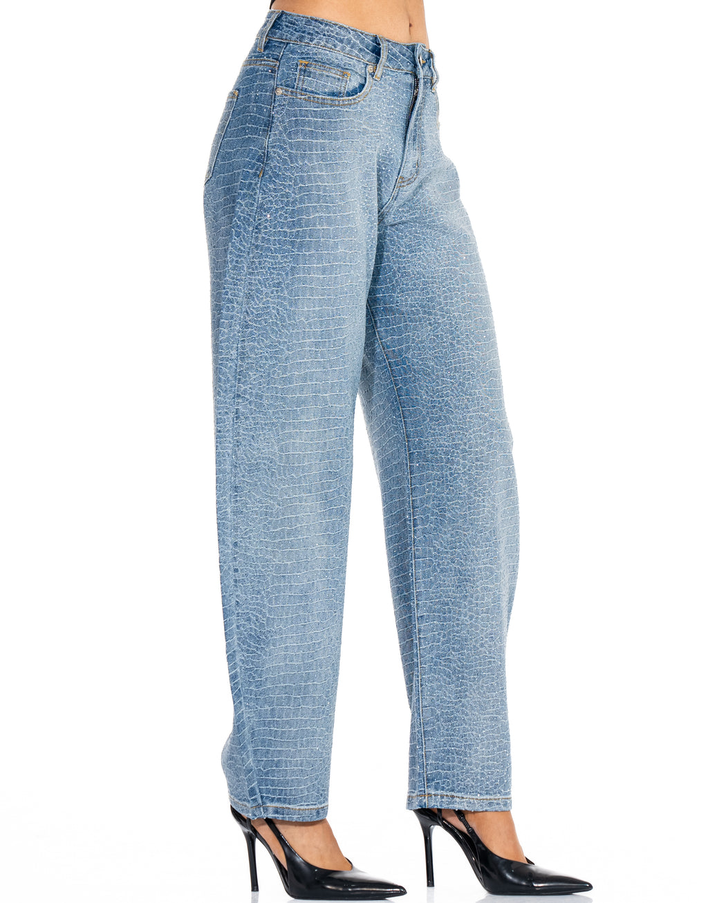 Croc Embossed Rhinestone Barrel Leg Jeans - Denim