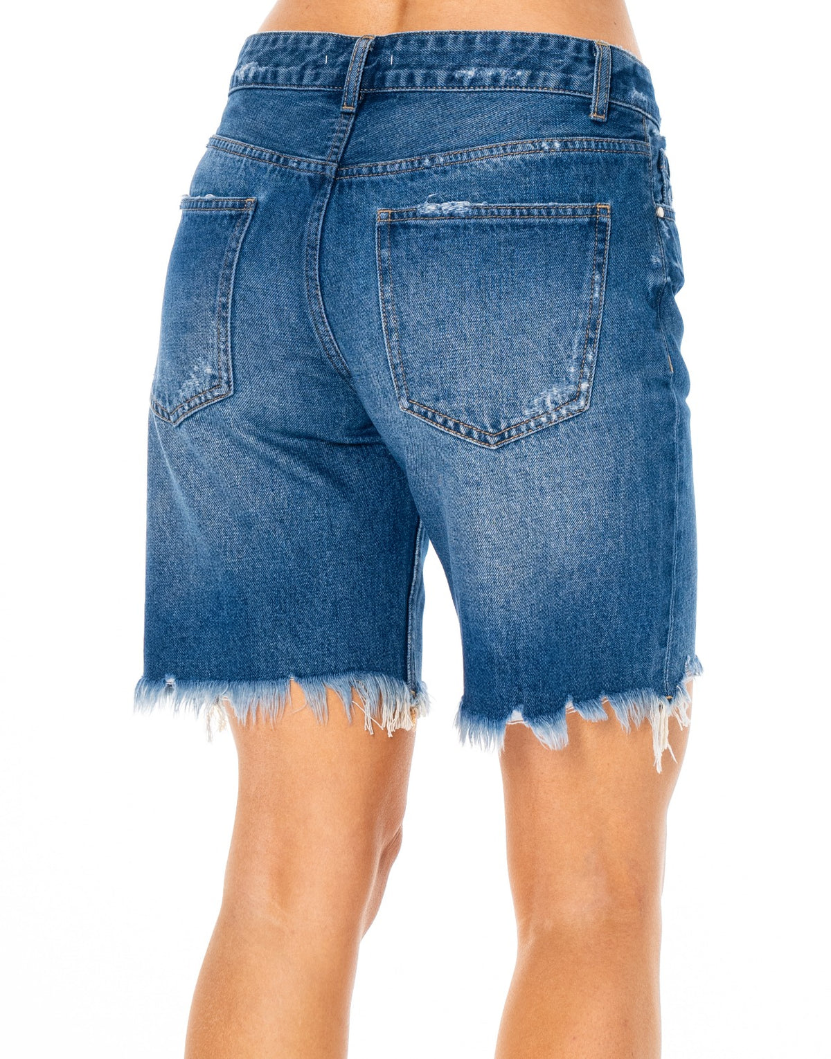 Frayed Hem Denim Bermuda Shorts - Denim