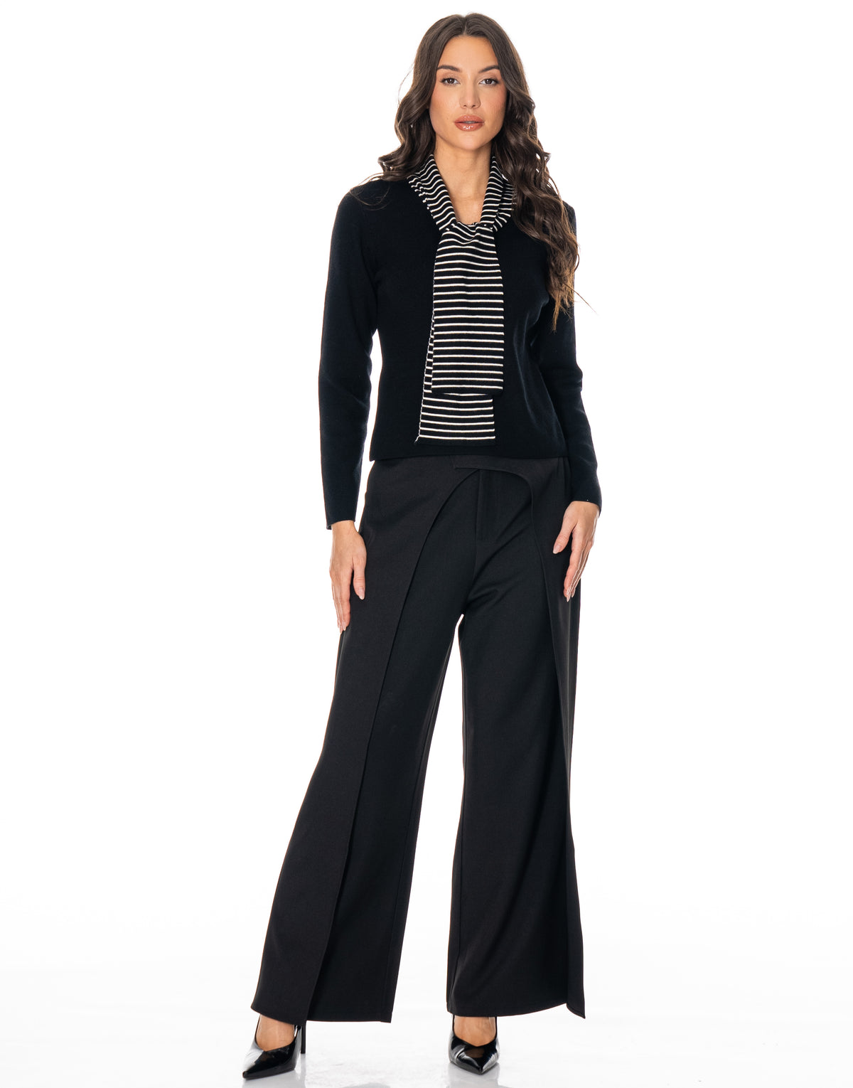 High Waist Wrap Front Wide Leg Trousers - Black