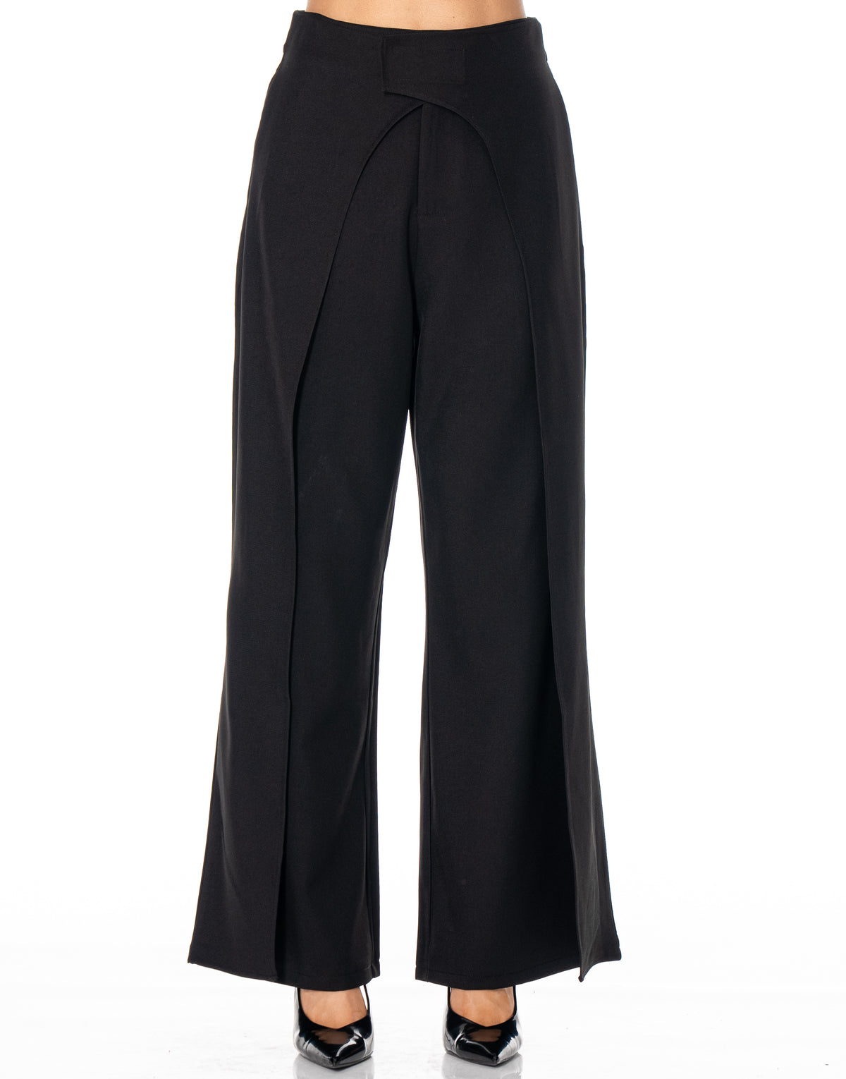 High Waist Wrap Front Wide Leg Trousers - Black