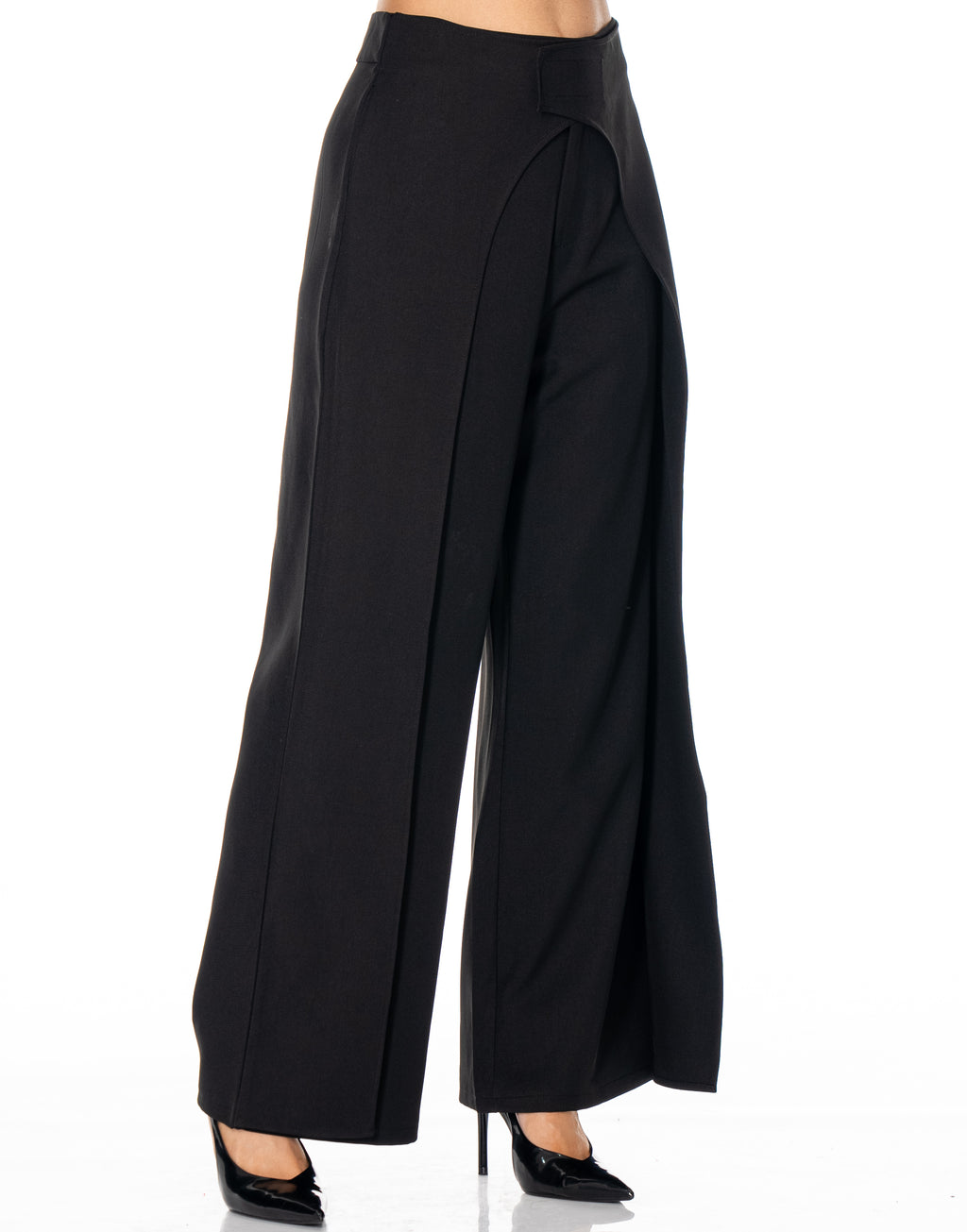 High Waist Wrap Front Wide Leg Trousers - Black