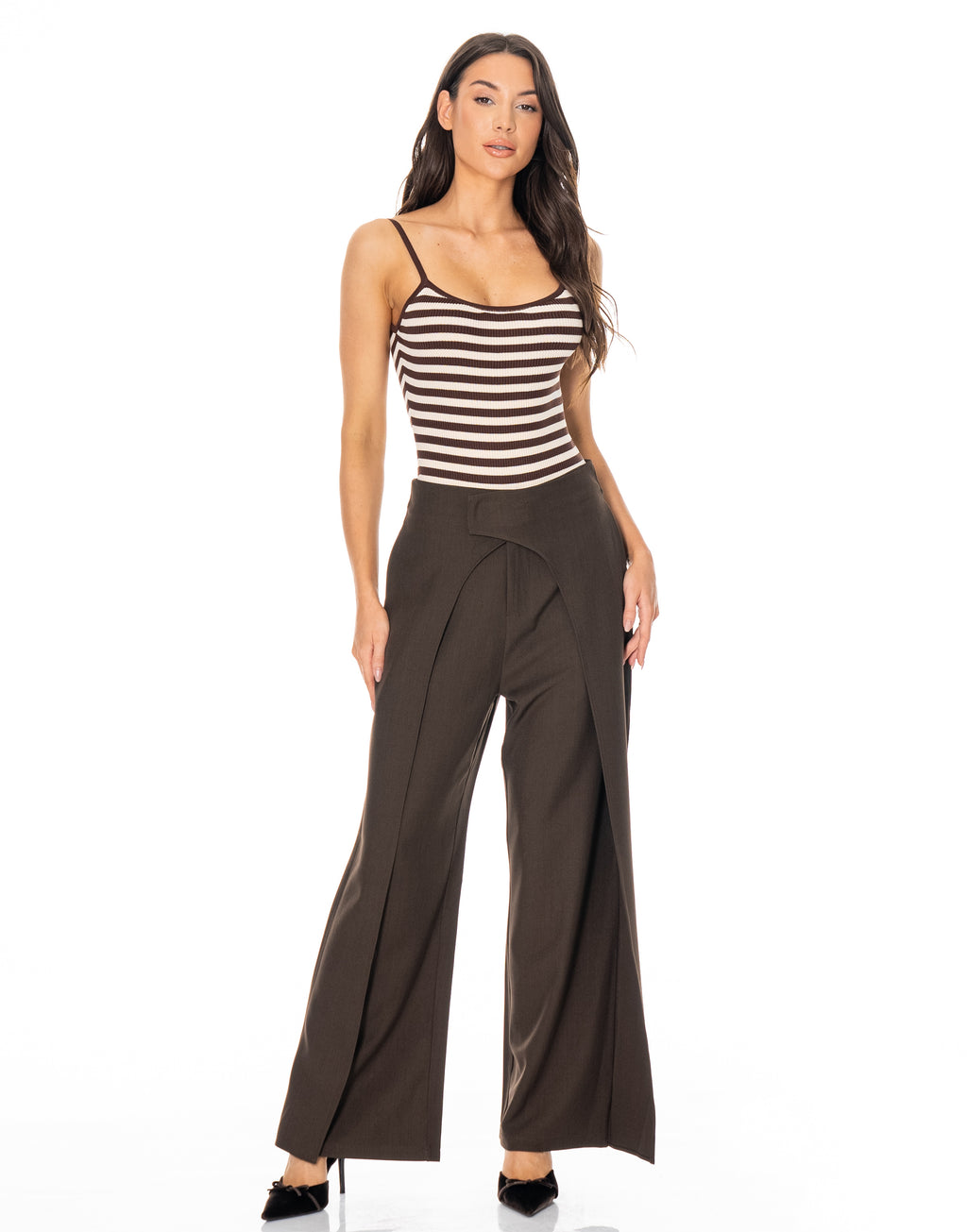 High Waist Wrap Front Wide Leg Trousers - Brown